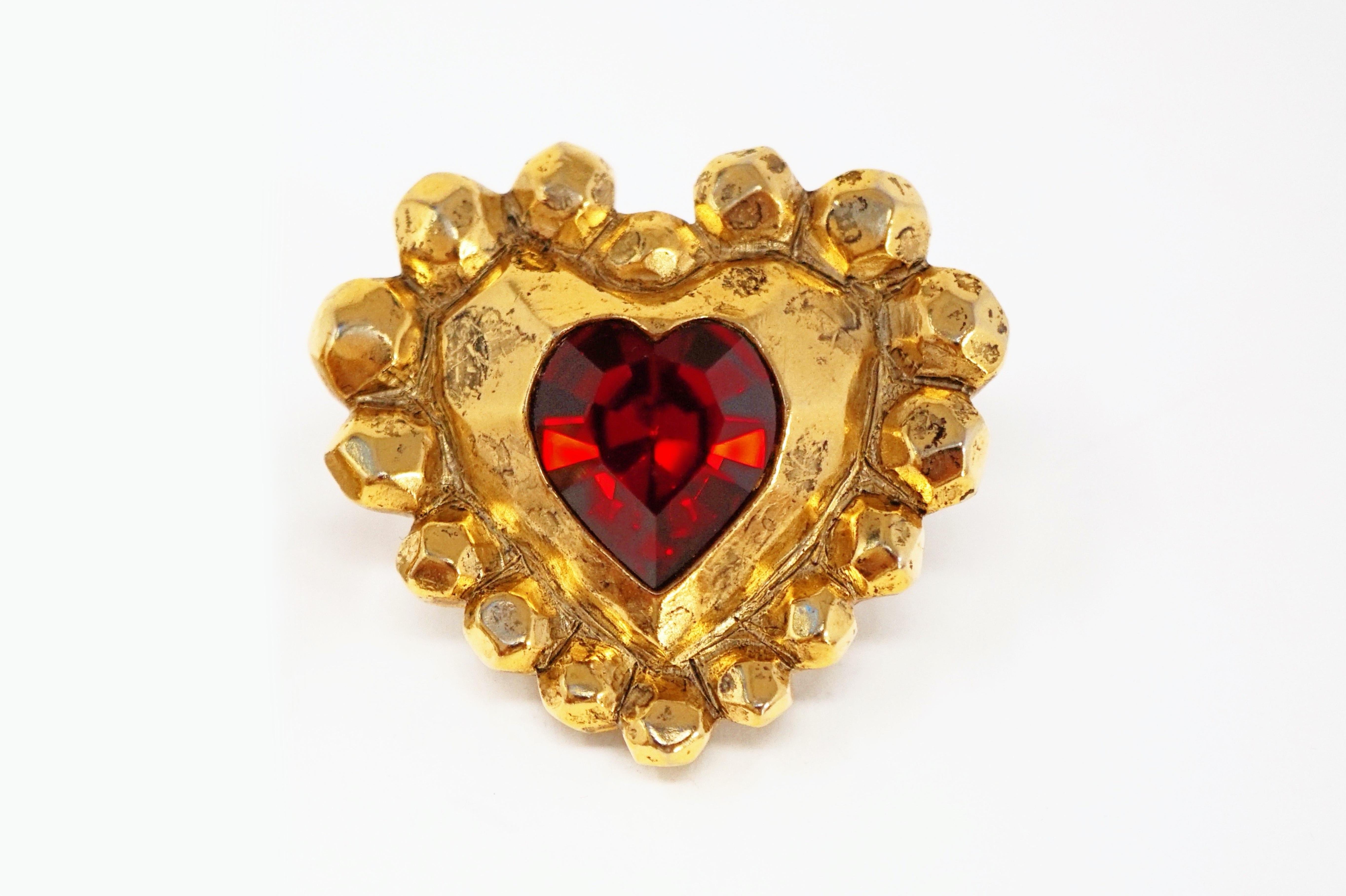1980s Emanuel Ungaro Oversized Gilded Heart Statement Earrings with Ruby Crystal 5