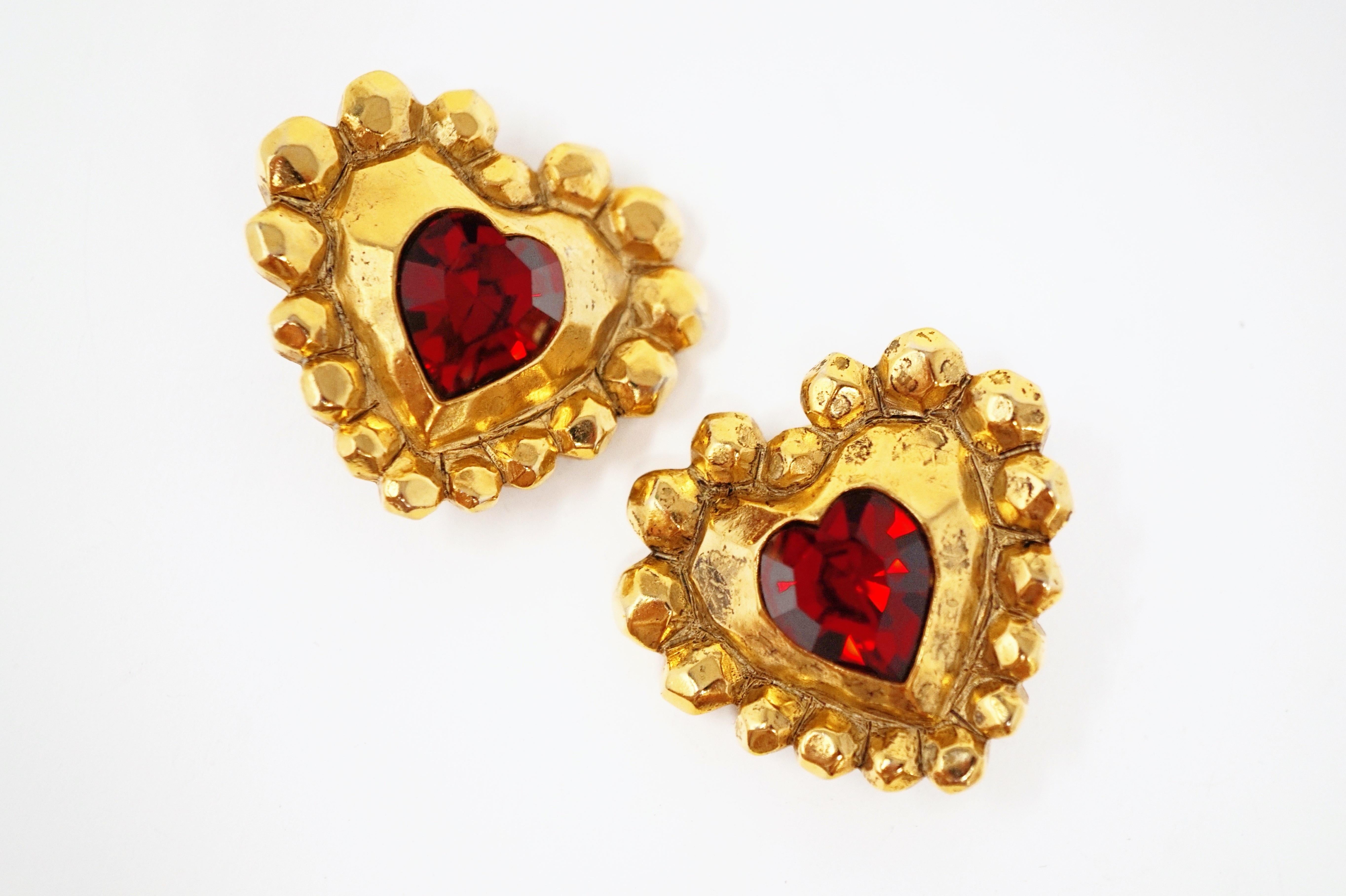 Modern 1980s Emanuel Ungaro Oversized Gilded Heart Statement Earrings with Ruby Crystal