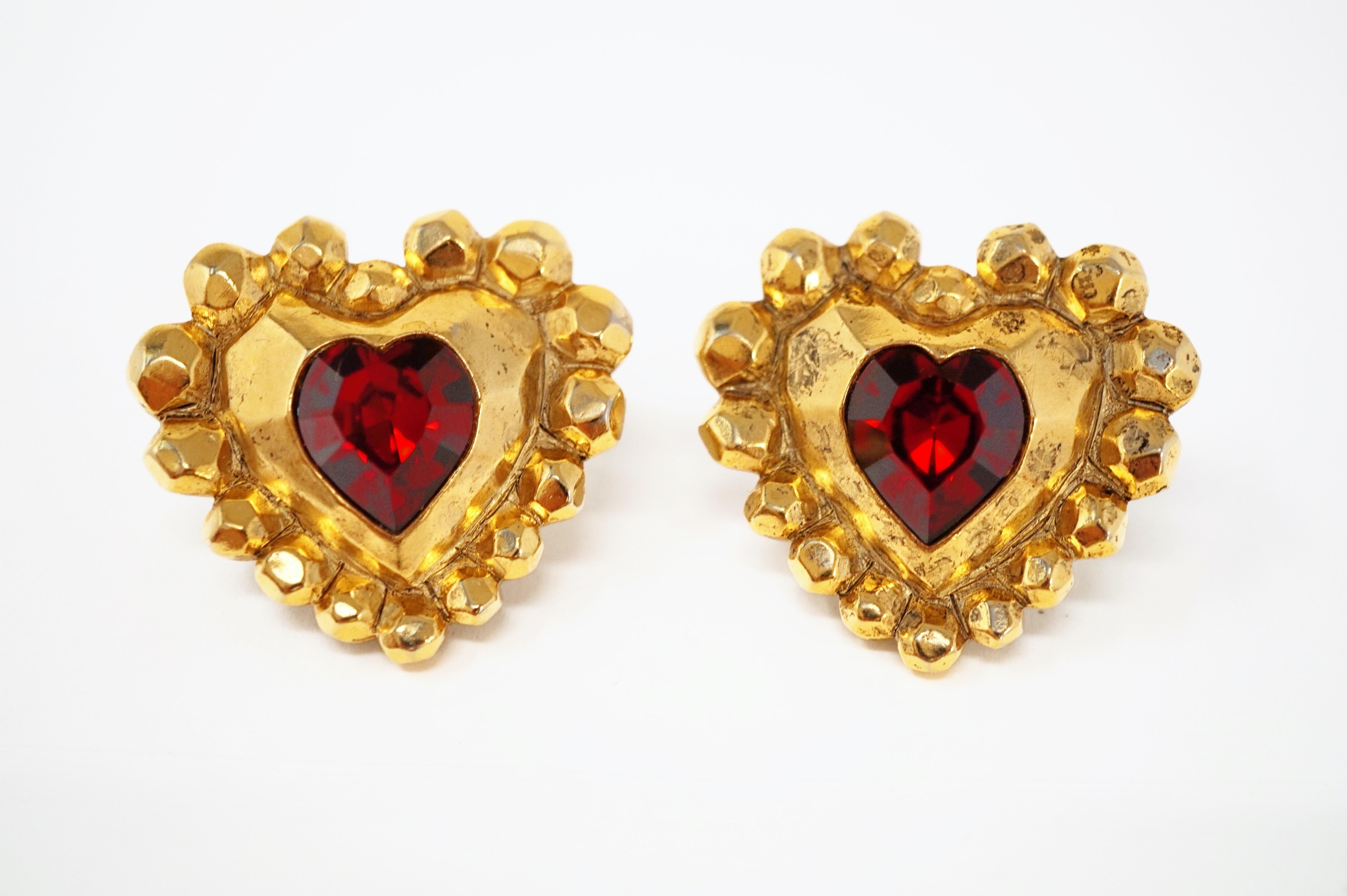 1980s Emanuel Ungaro Oversized Gilded Heart Statement Earrings with Ruby Crystal In Excellent Condition In McKinney, TX