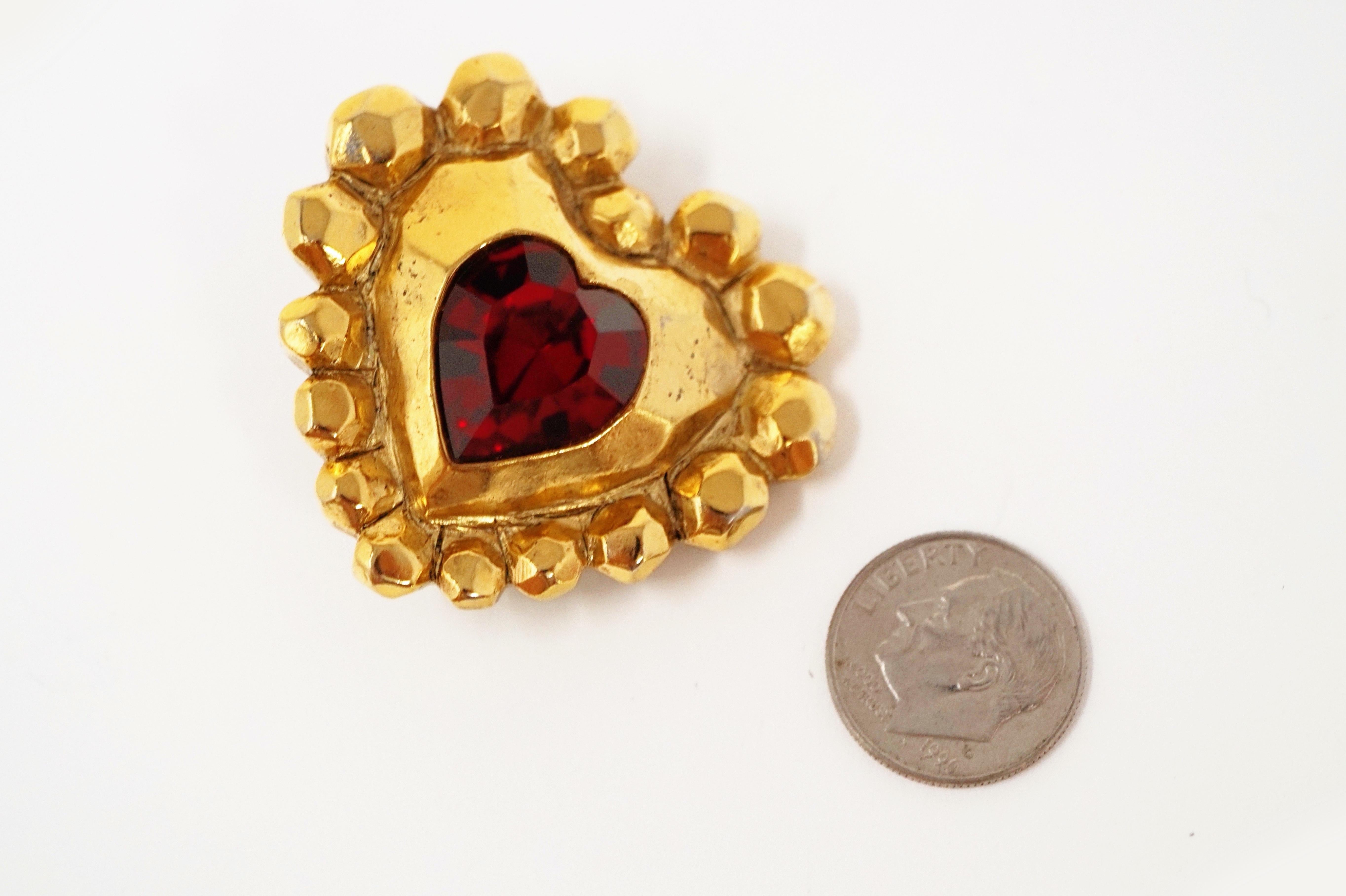 1980s Emanuel Ungaro Oversized Gilded Heart Statement Earrings with Ruby Crystal 2