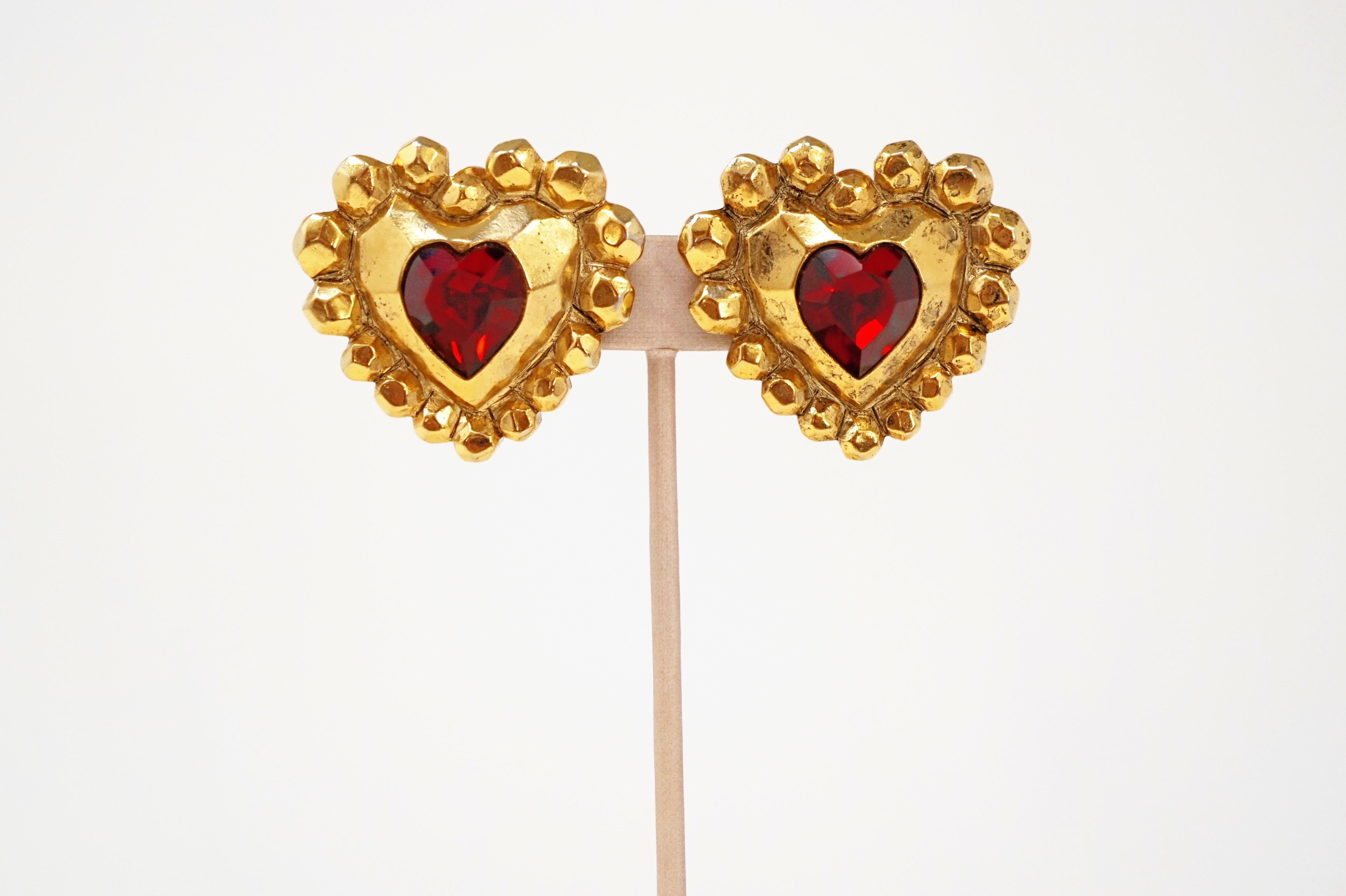 1980s Emanuel Ungaro Oversized Gilded Heart Statement Earrings with Ruby Crystal 3