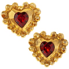 1980s Emanuel Ungaro Oversized Gilded Heart Statement Earrings with Ruby Crystal