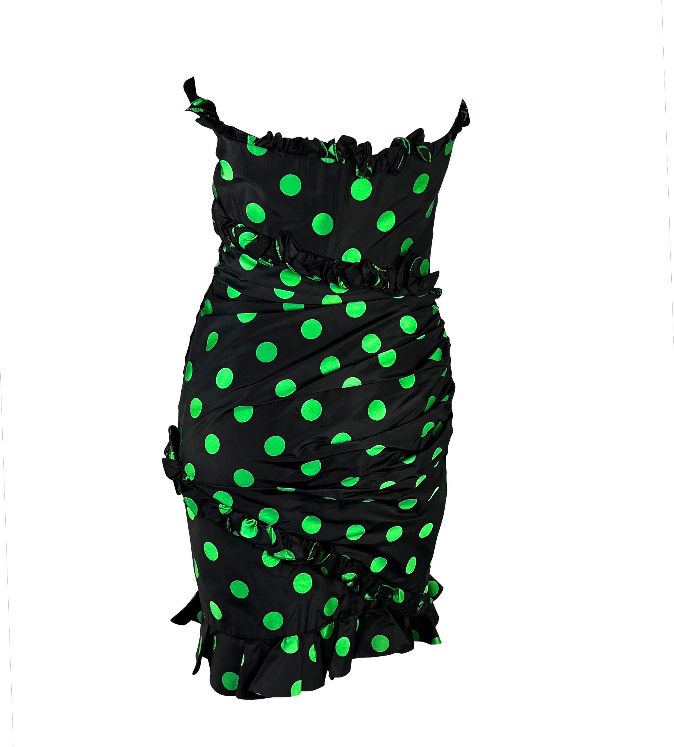 1980s Emanuel Ungaro Parallele Black Green Polka Dot Ruffle Strapless Dress In Excellent Condition In West Hollywood, CA