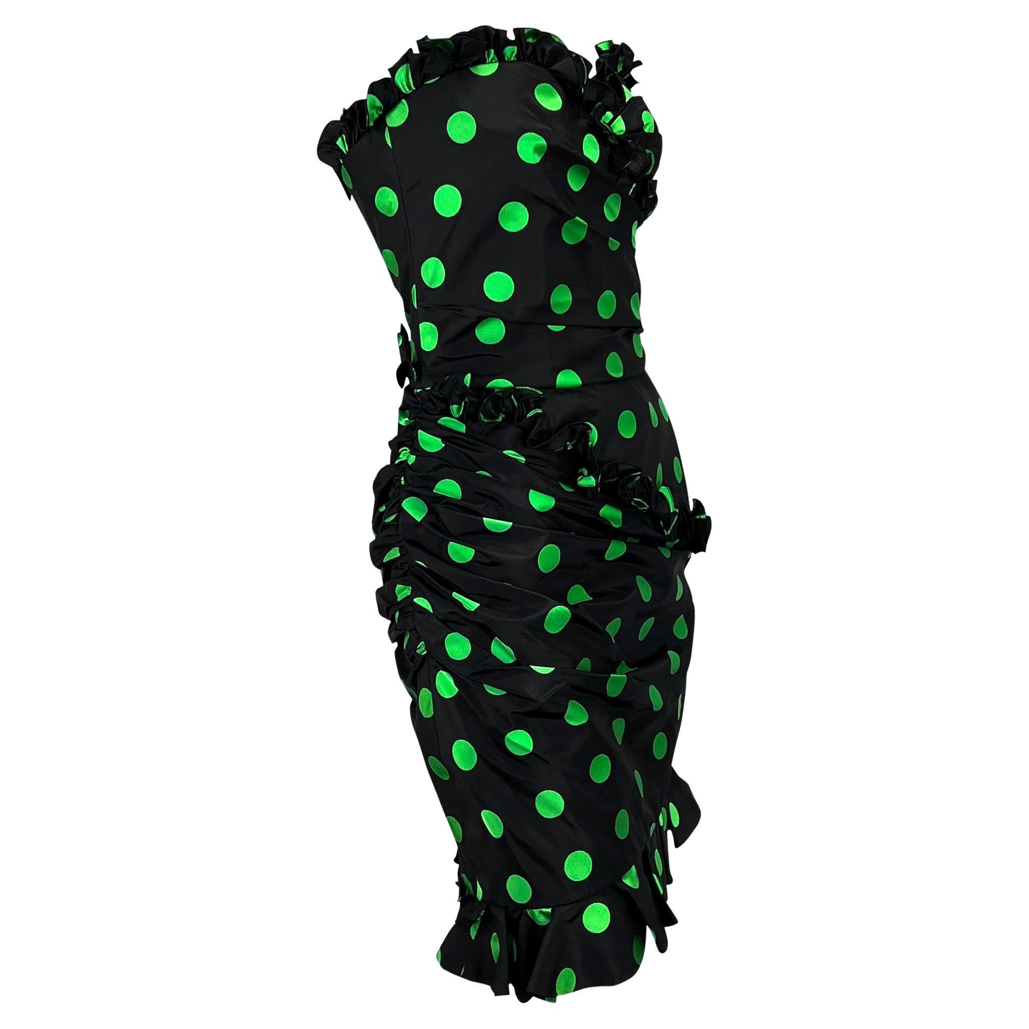 1980s Emanuel Ungaro Parallele Black Green Polka Dot Ruffle Strapless Dress 1