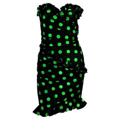 1980s Emanuel Ungaro Parallele Black Green Polka Dot Ruffle Strapless Dress