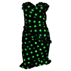 Retro 1980s Emanuel Ungaro Parallele Black Green Polka Dot Ruffle Strapless Dress