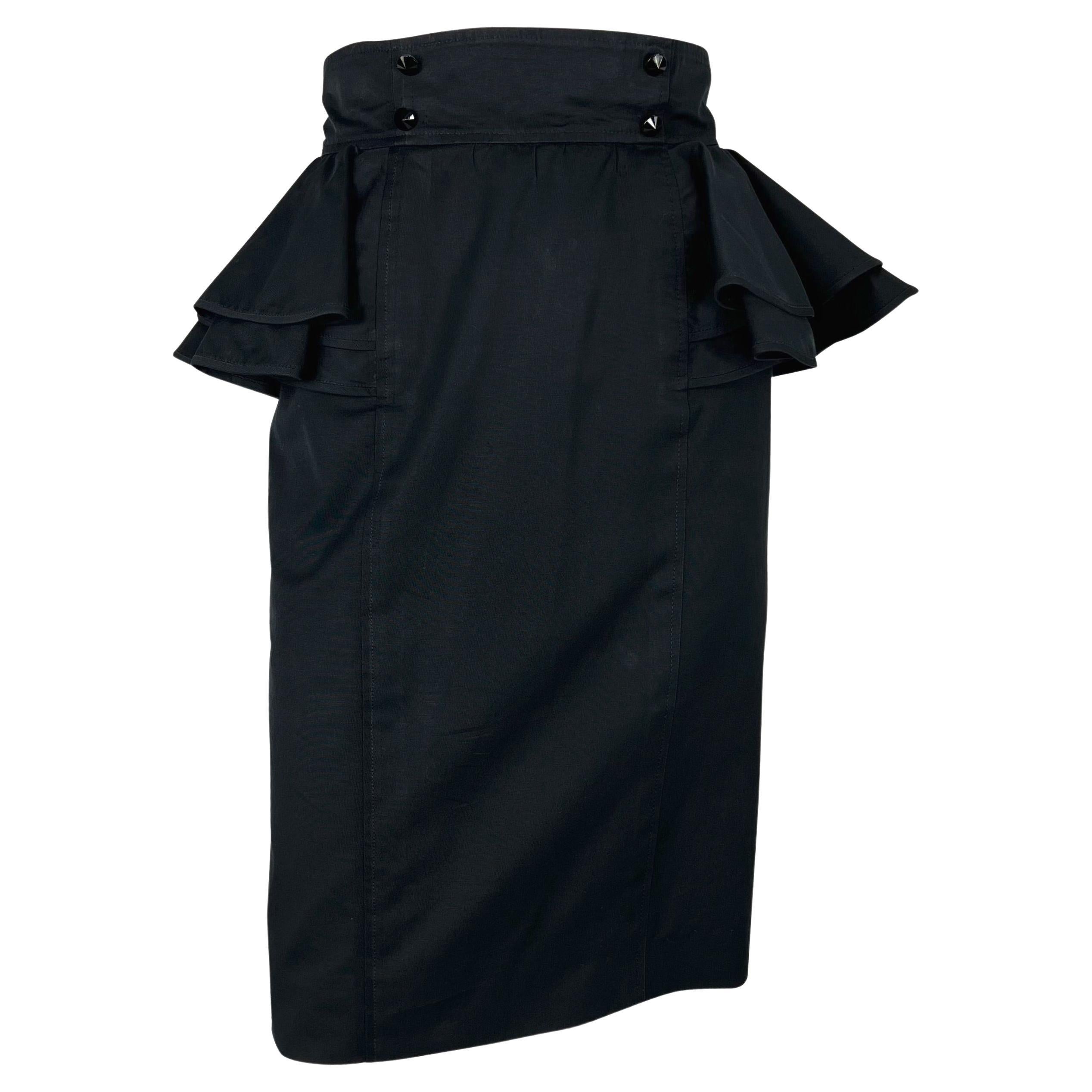 1980s Emanuel Ungaro Paralléle Black Ruffle Peplum Pencil Skirt