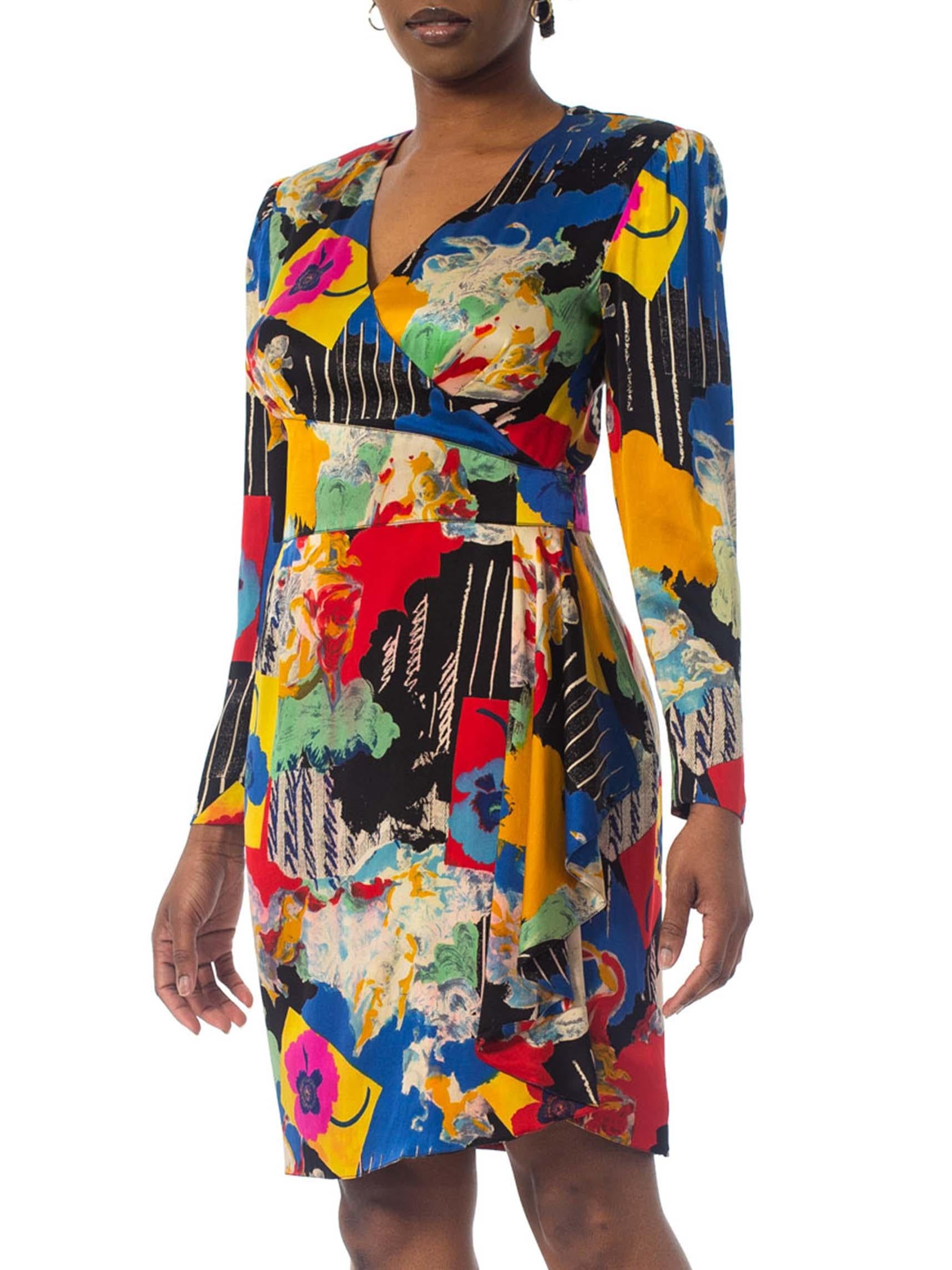1980S EMANUEL UNGARO Printed Silk Charmeuse Day To Cocktail Dress 2