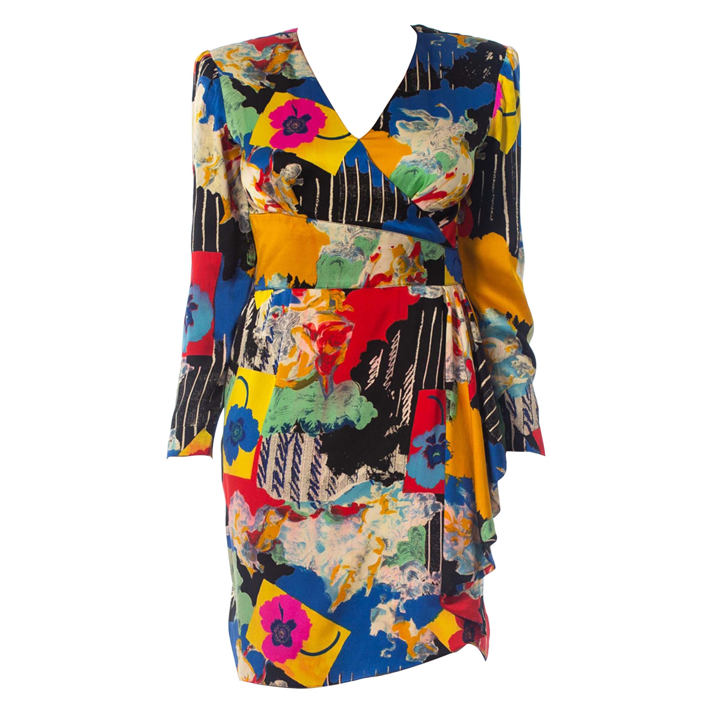 1980S EMANUEL UNGARO Printed Silk Charmeuse Day To Cocktail Dress