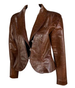 1980s Emanuel Ungaro Saddle Brown Crocodile Embossed Distressed Leather Jacket