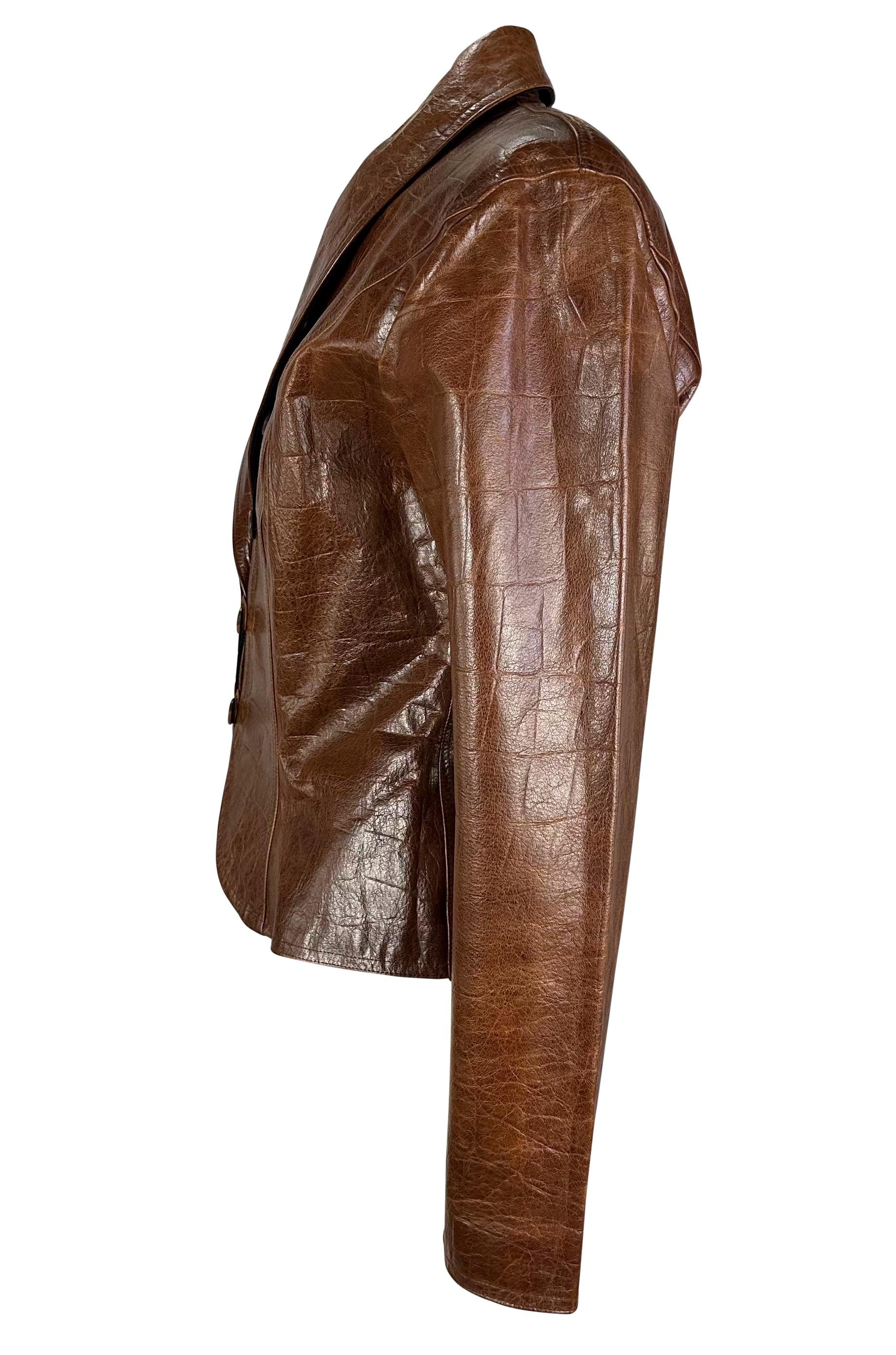 1980s Emanuel Ungaro Saddle Brown Crocodile Embossed Distressed Leather Jacket  In Good Condition For Sale In West Hollywood, CA