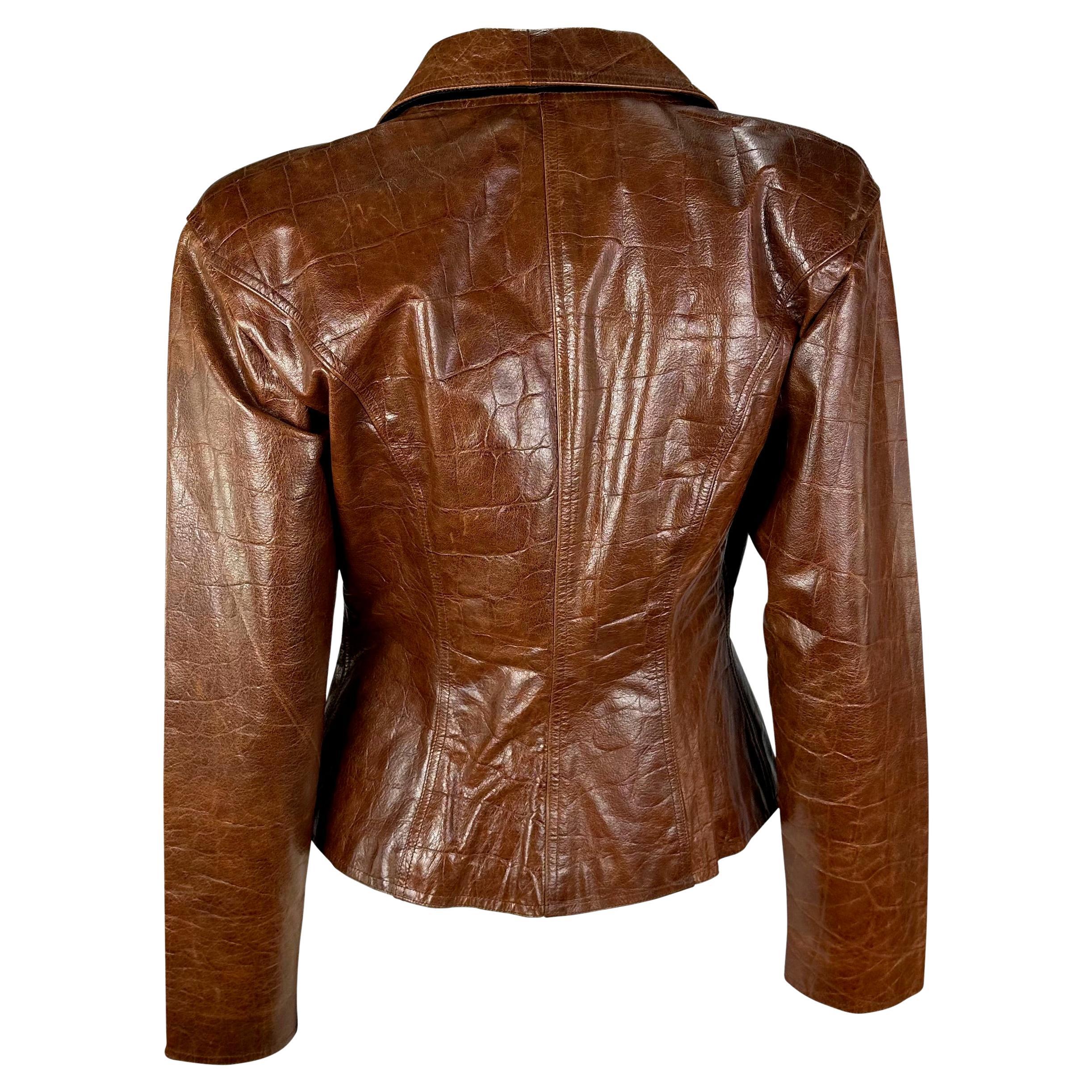 Women's 1980s Emanuel Ungaro Saddle Brown Crocodile Embossed Distressed Leather Jacket  For Sale