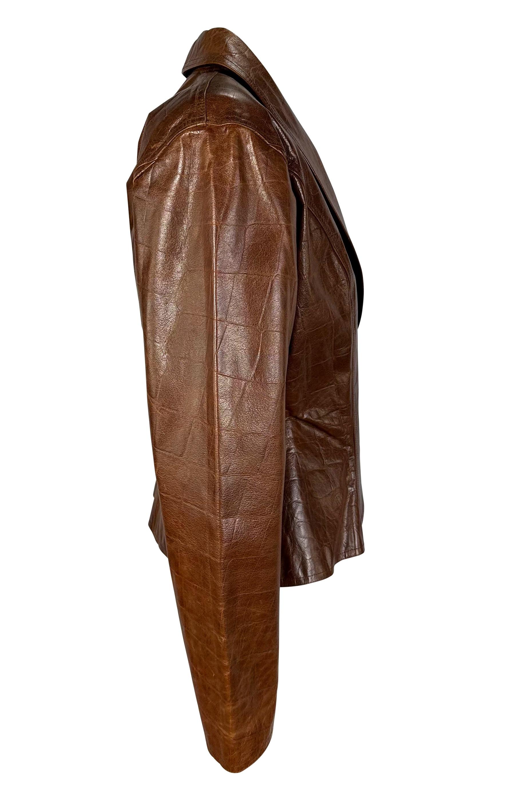 1980s Emanuel Ungaro Saddle Brown Crocodile Embossed Distressed Leather Jacket  For Sale 1
