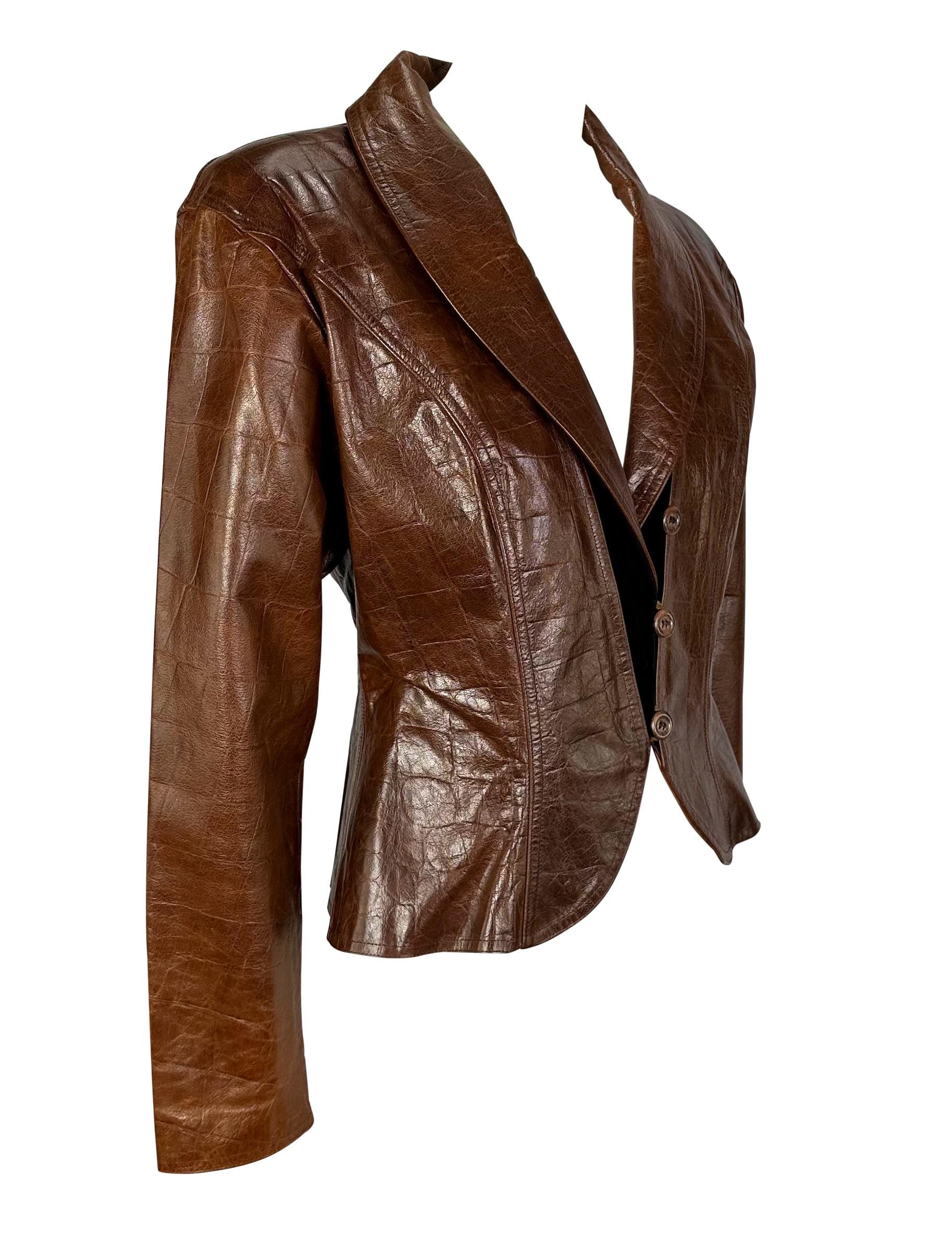 1980s Emanuel Ungaro Saddle Brown Crocodile Embossed Distressed Leather Jacket  For Sale 2