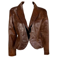 1980s Emanuel Ungaro Saddle Brown Crocodile Embossed Distressed Leather Jacket 