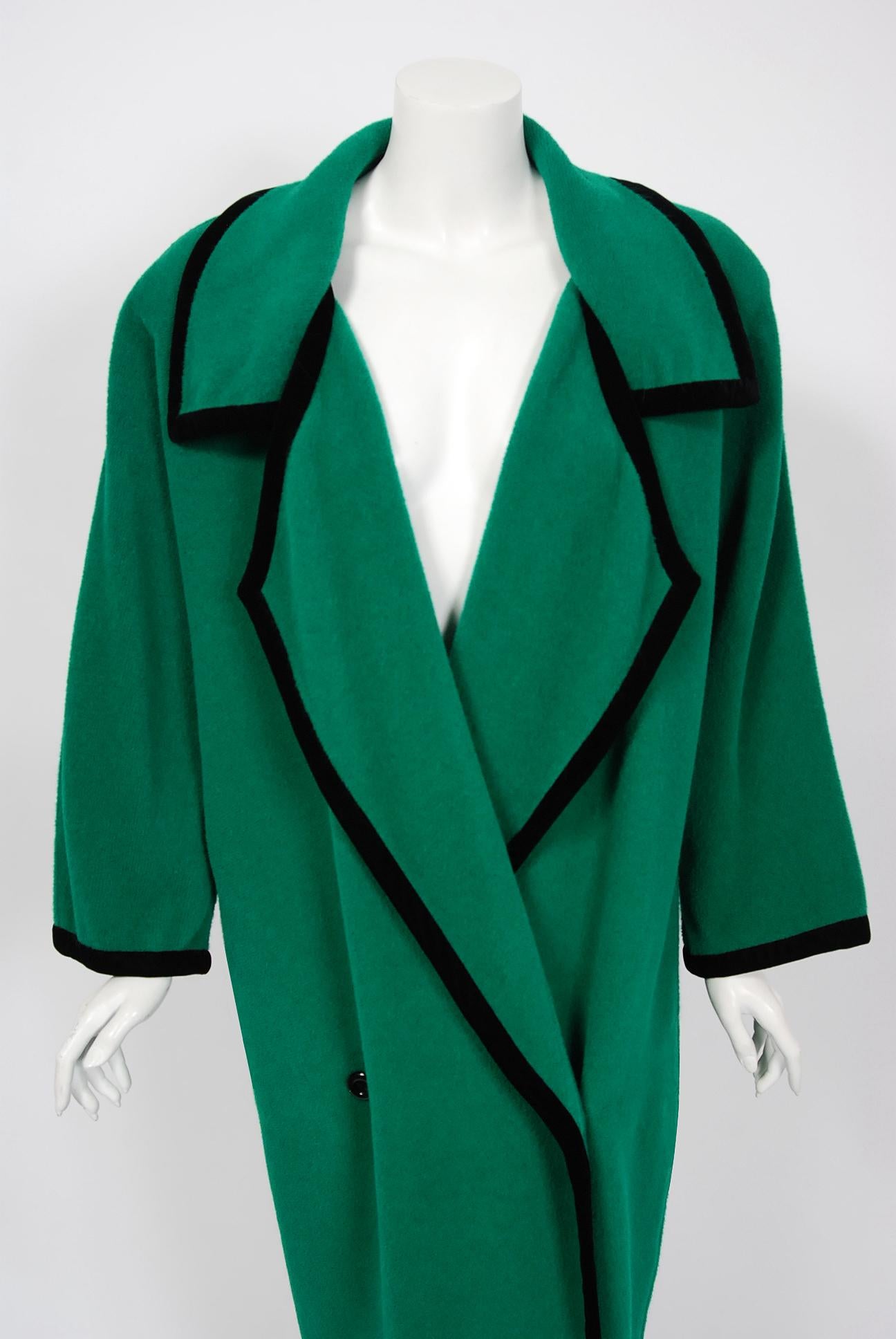 The French designer, Emanuel Ungaro, imagined colorful and elegant draped garments with an emphasis on flamboyant patterns that enhanced a sense of pure femininity. This ultra rare sweater coat, dating back to the early 1980's, is a wonderful