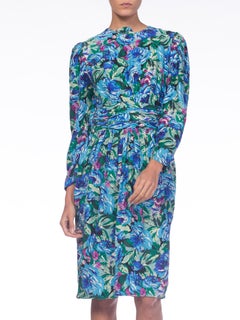 1980S EMANUEL UNGARO Style Blue Floral Silk Jacquard Long Sleeve Dress