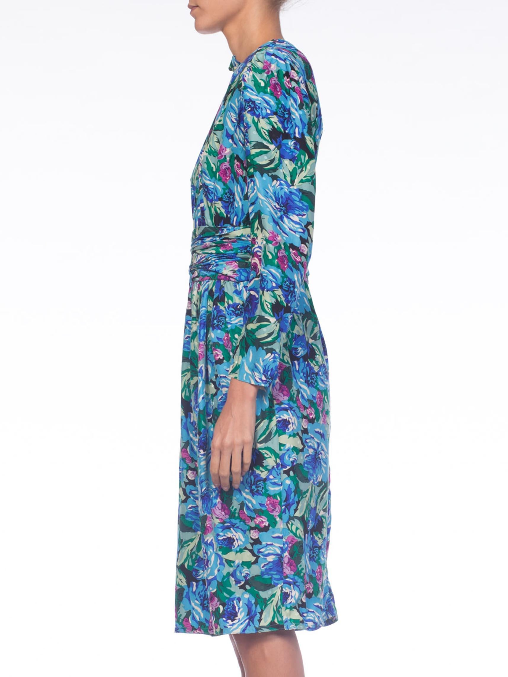 Women's 1980S EMANUEL UNGARO Style Blue Floral Silk Jacquard Long Sleeve Dress For Sale