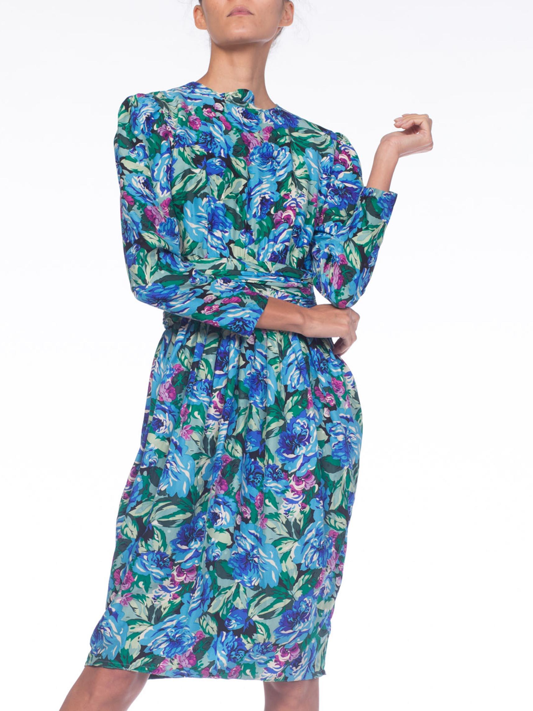 1980S EMANUEL UNGARO Style Blue Floral Silk Jacquard Long Sleeve Dress For Sale 1