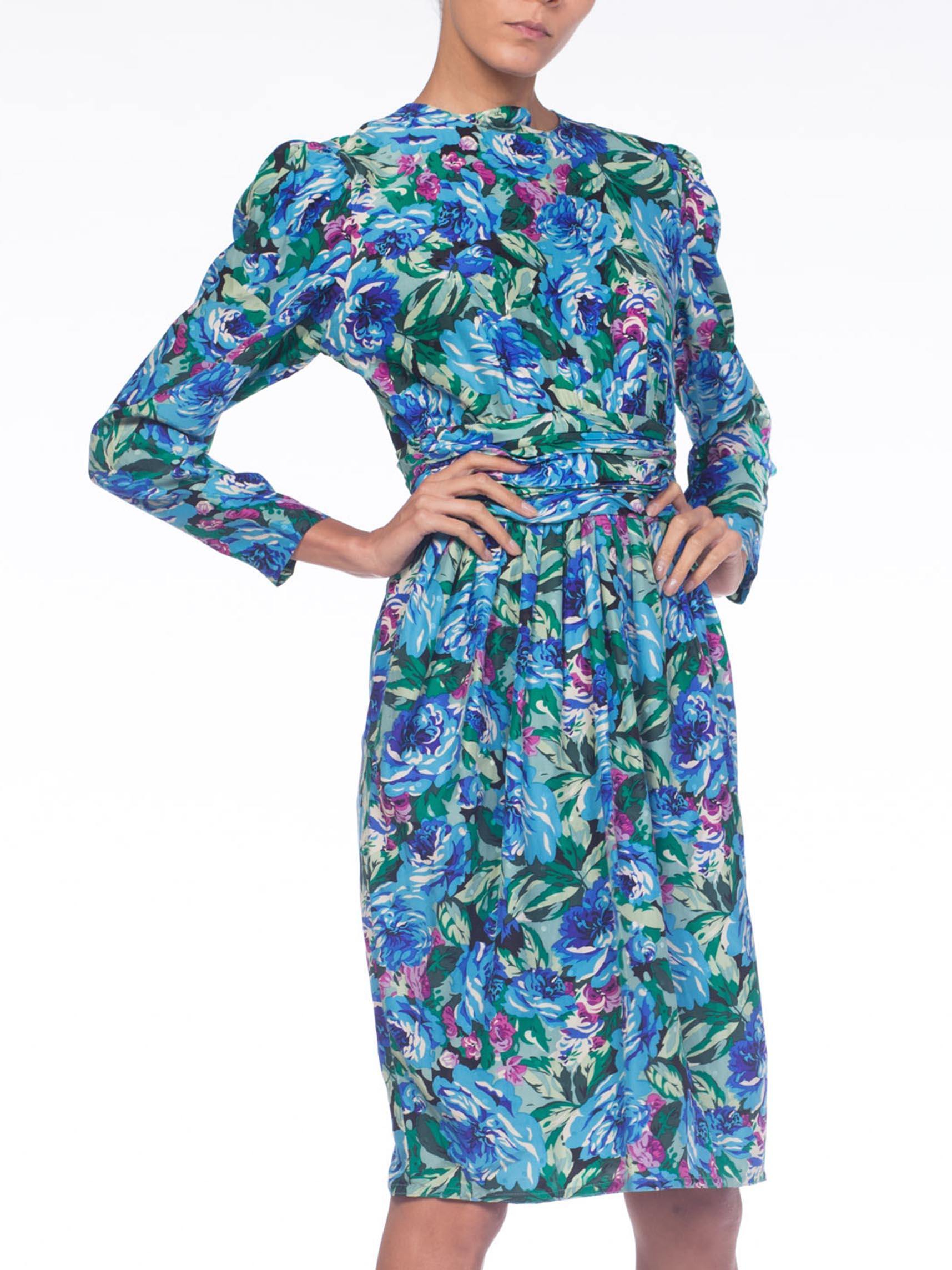 1980S EMANUEL UNGARO Style Blue Floral Silk Jacquard Long Sleeve Dress For Sale 2