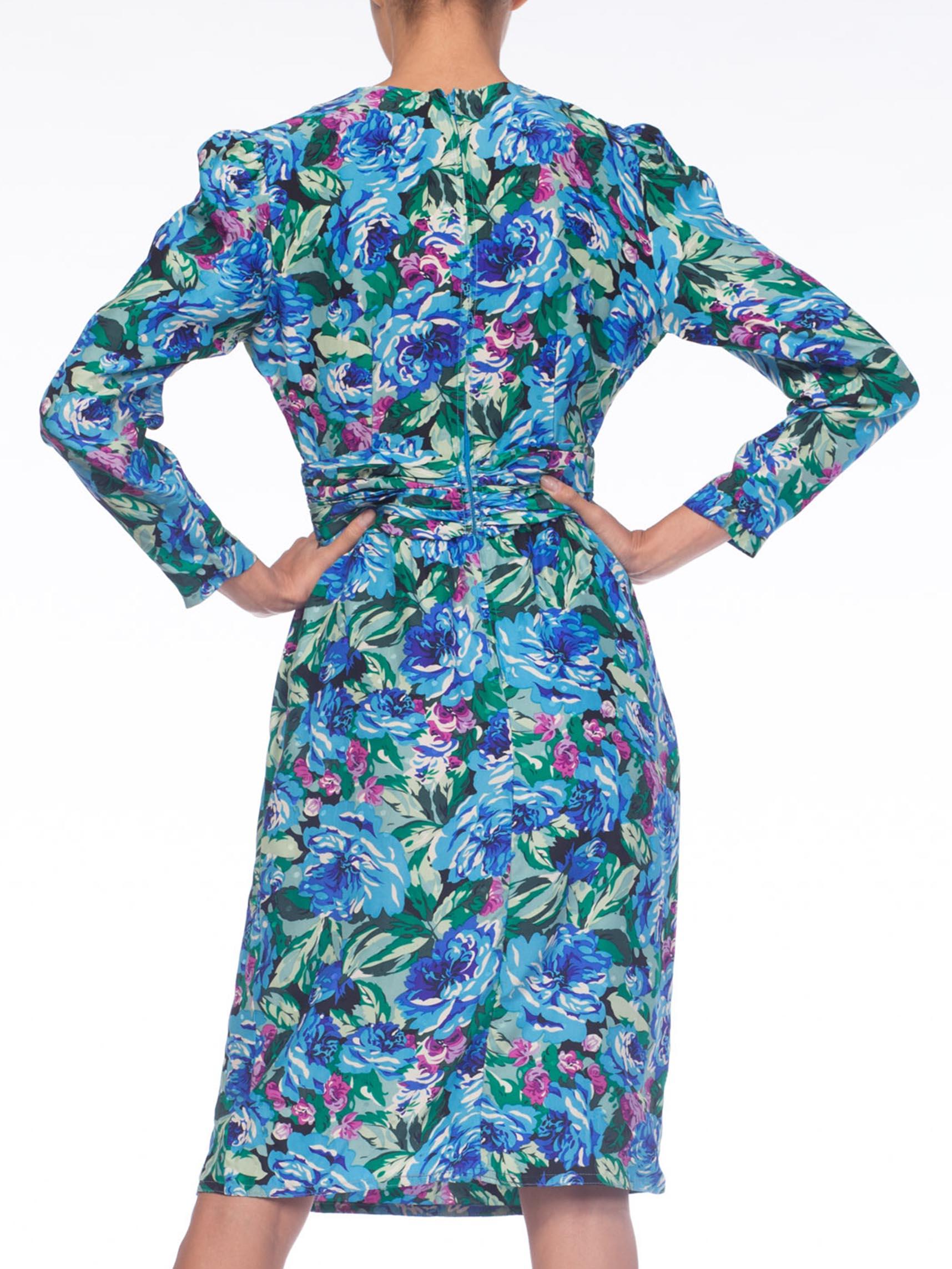 1980S EMANUEL UNGARO Style Blue Floral Silk Jacquard Long Sleeve Dress For Sale 3