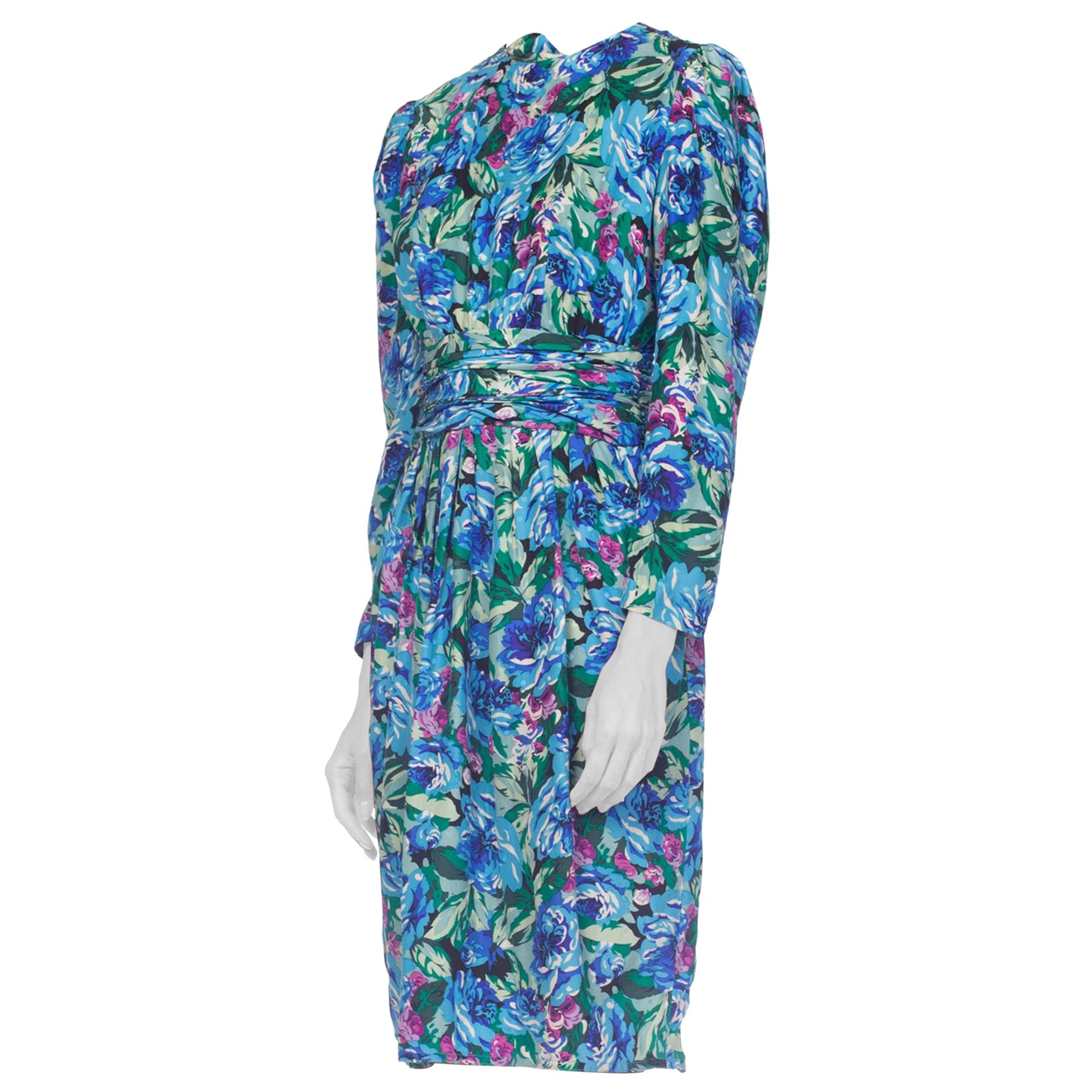 1980S EMANUEL UNGARO Style Blue Floral Silk Jacquard Long Sleeve Dress For Sale