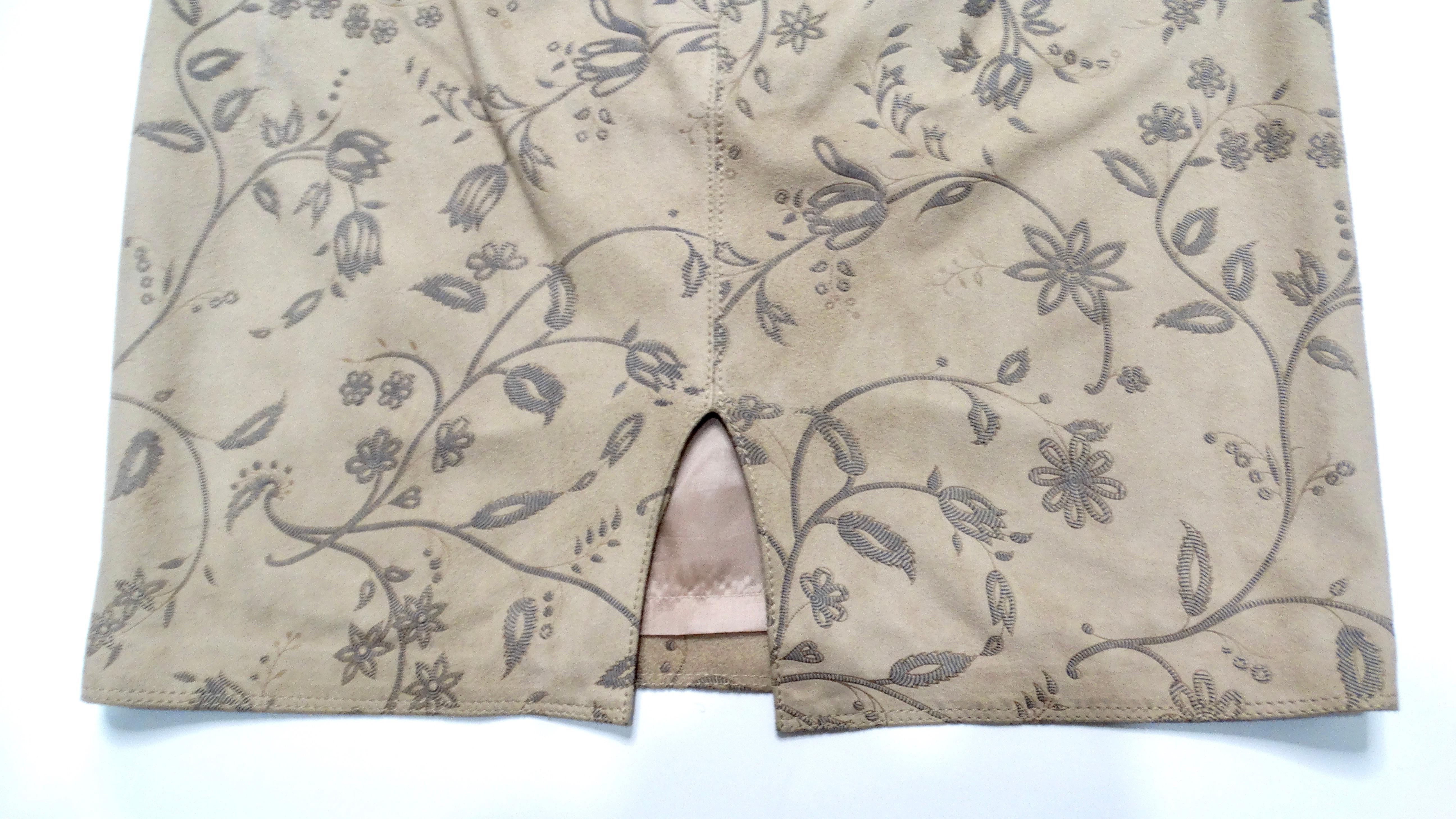 Brown 1980s Emanuel Ungaro Tan Suede Floral Print Skirt For Sale