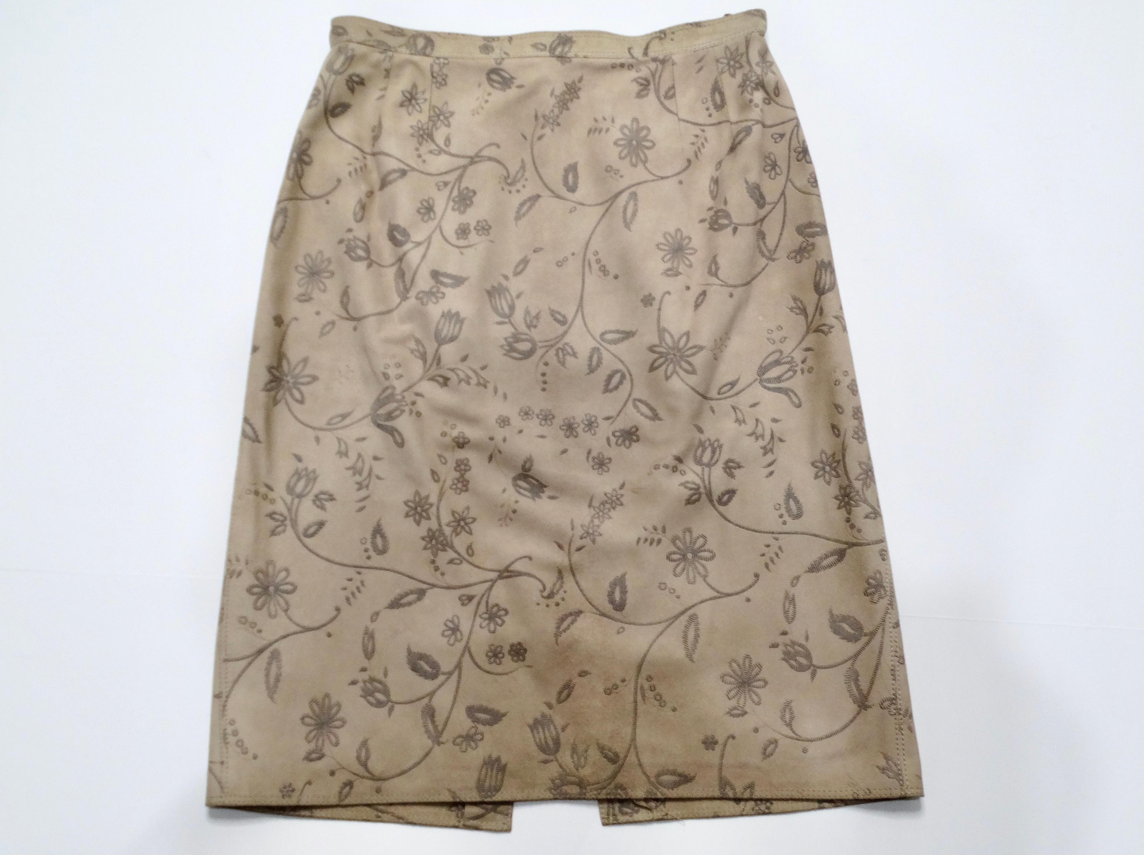 1980s Emanuel Ungaro Tan Suede Floral Print Skirt In Good Condition For Sale In Scottsdale, AZ