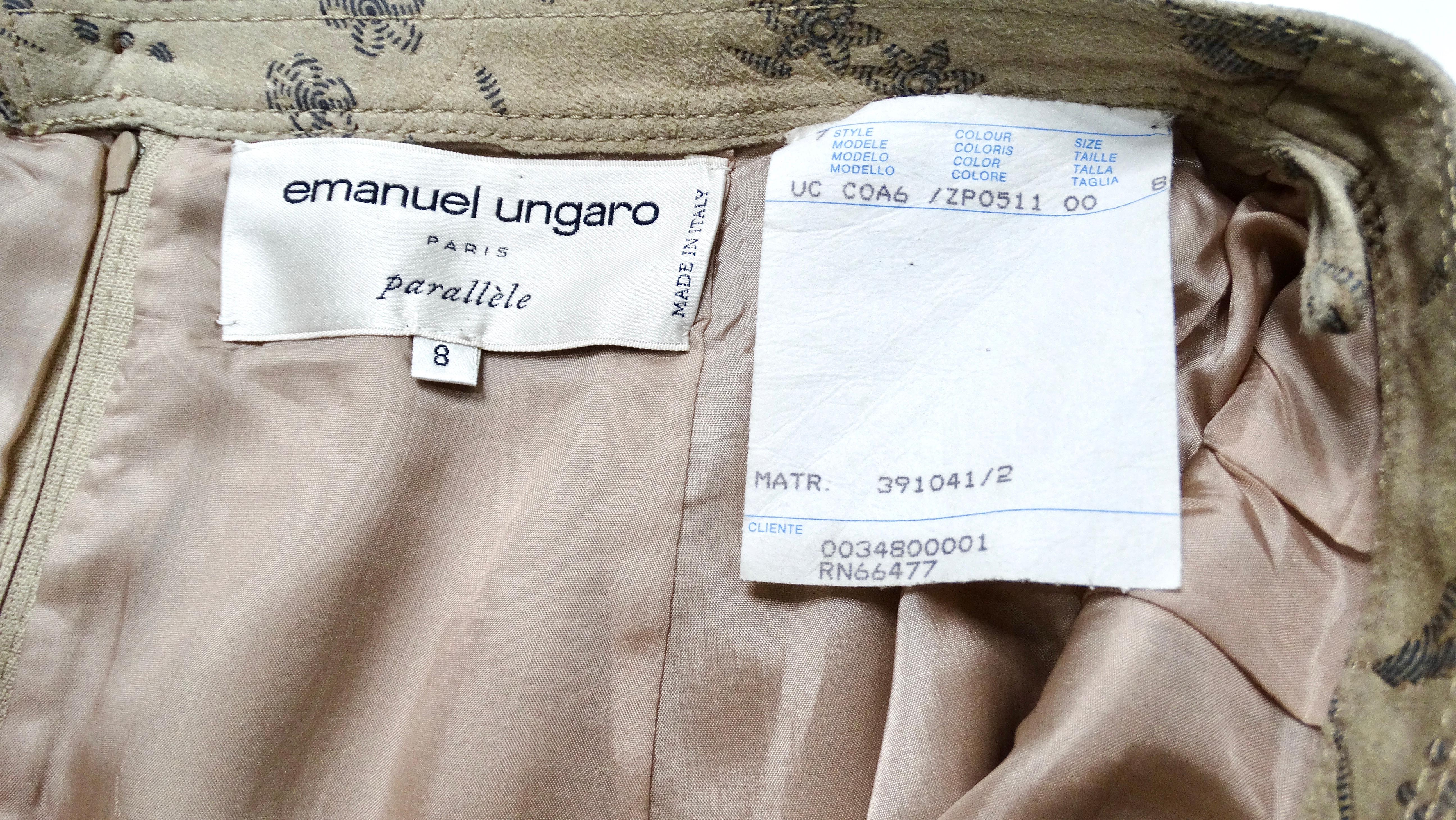1980s Emanuel Ungaro Tan Suede Floral Print Skirt For Sale 1