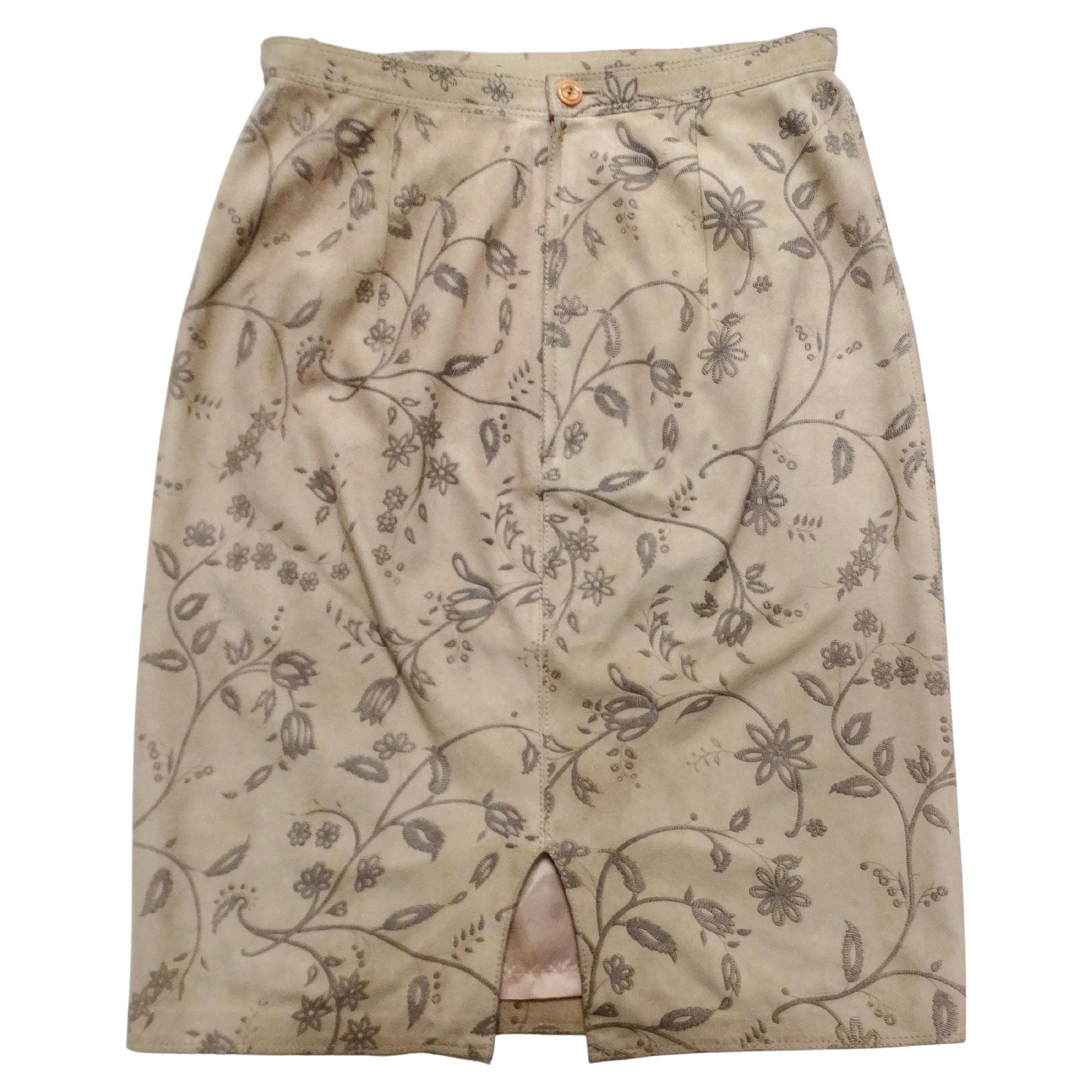 1980s Emanuel Ungaro Tan Suede Floral Print Skirt