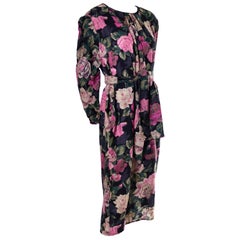 1980s Emanuel Ungaro Vintage Floral Dress 46/12 Sash Scarf