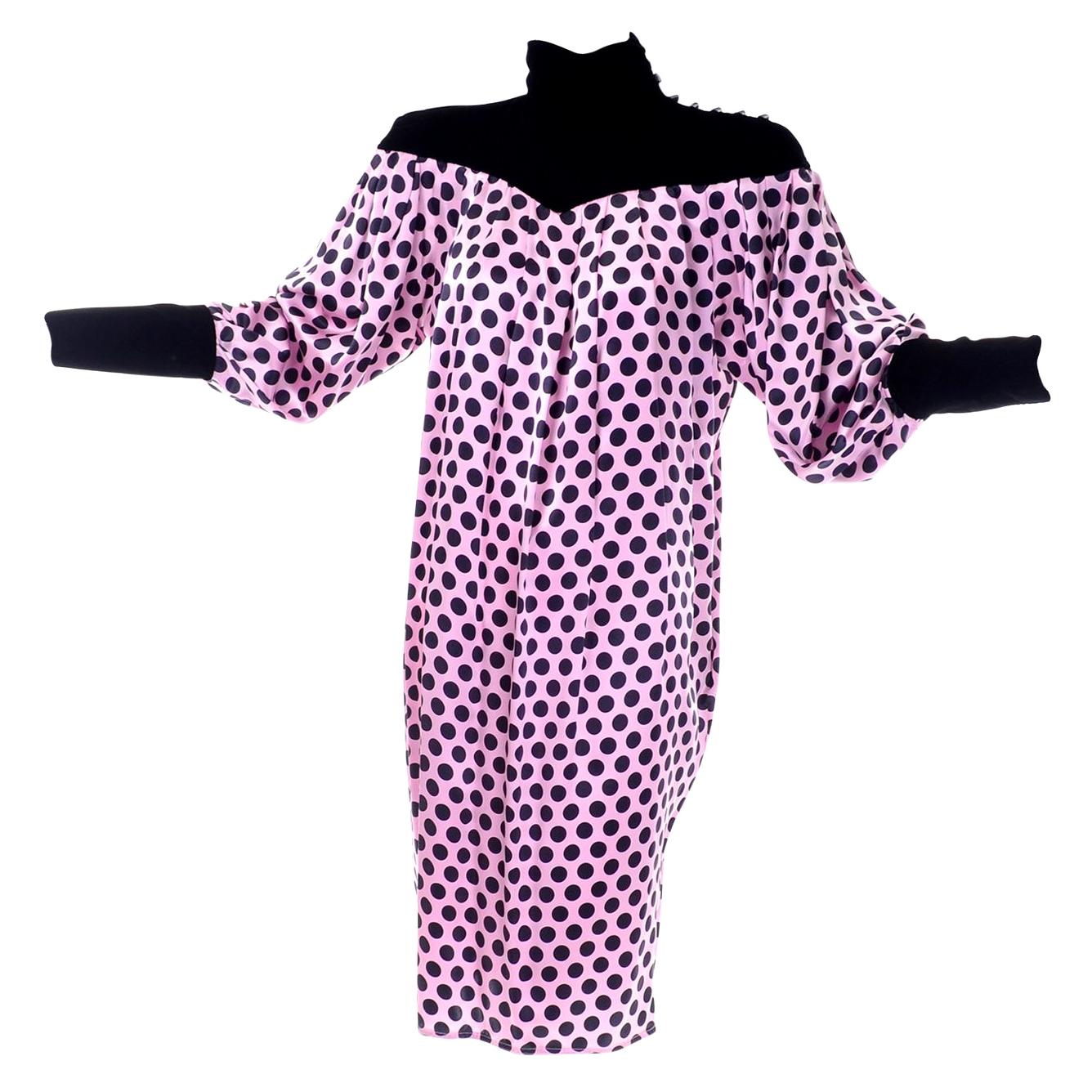 1980s Emanuel Ungaro Vintage Pink Silk and Black Velvet Polka Dot Dress