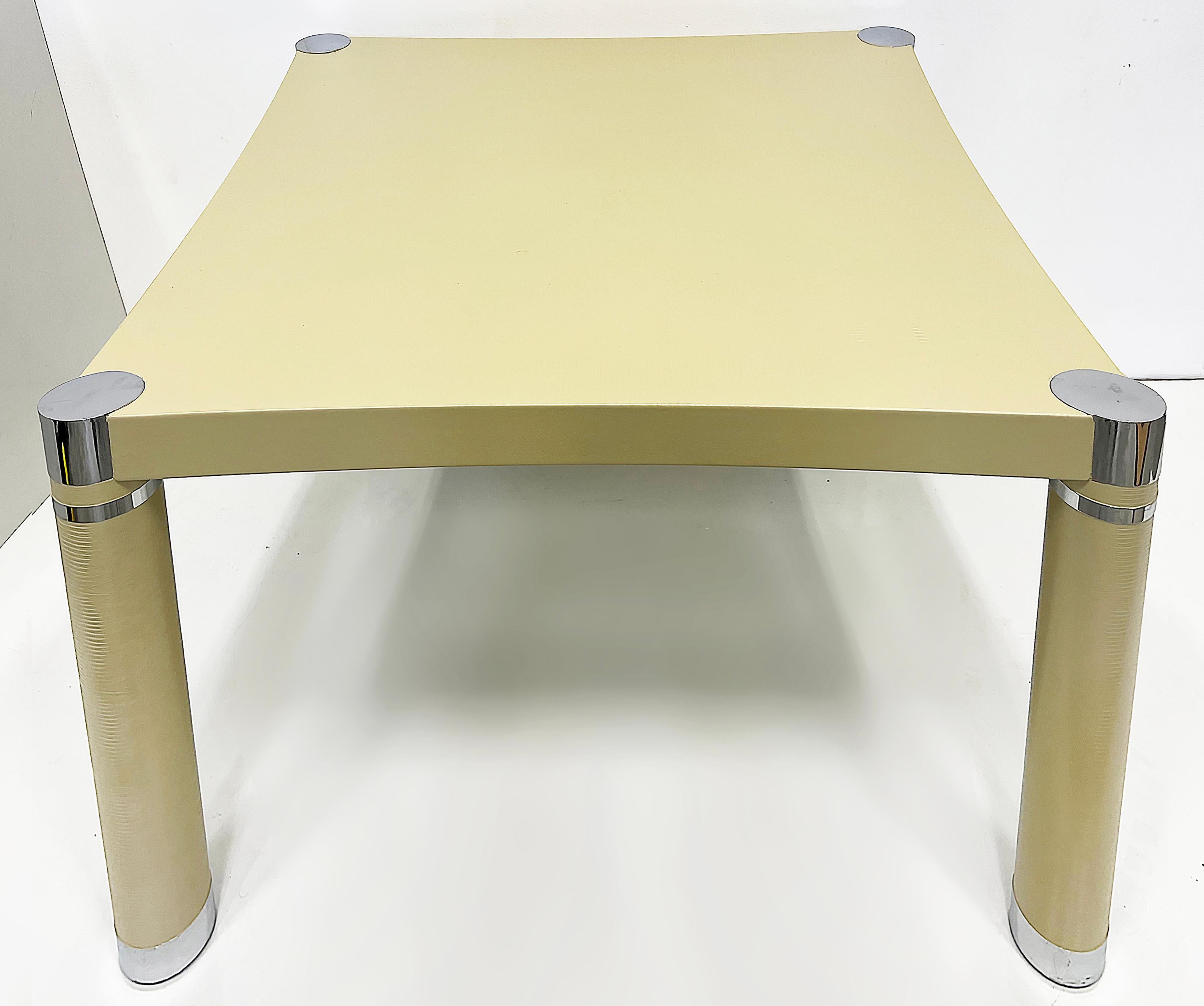 Lacquered 1980s Embossed Leather, Chrome Game Table, Karl Springer Style,  Newly Restored For Sale