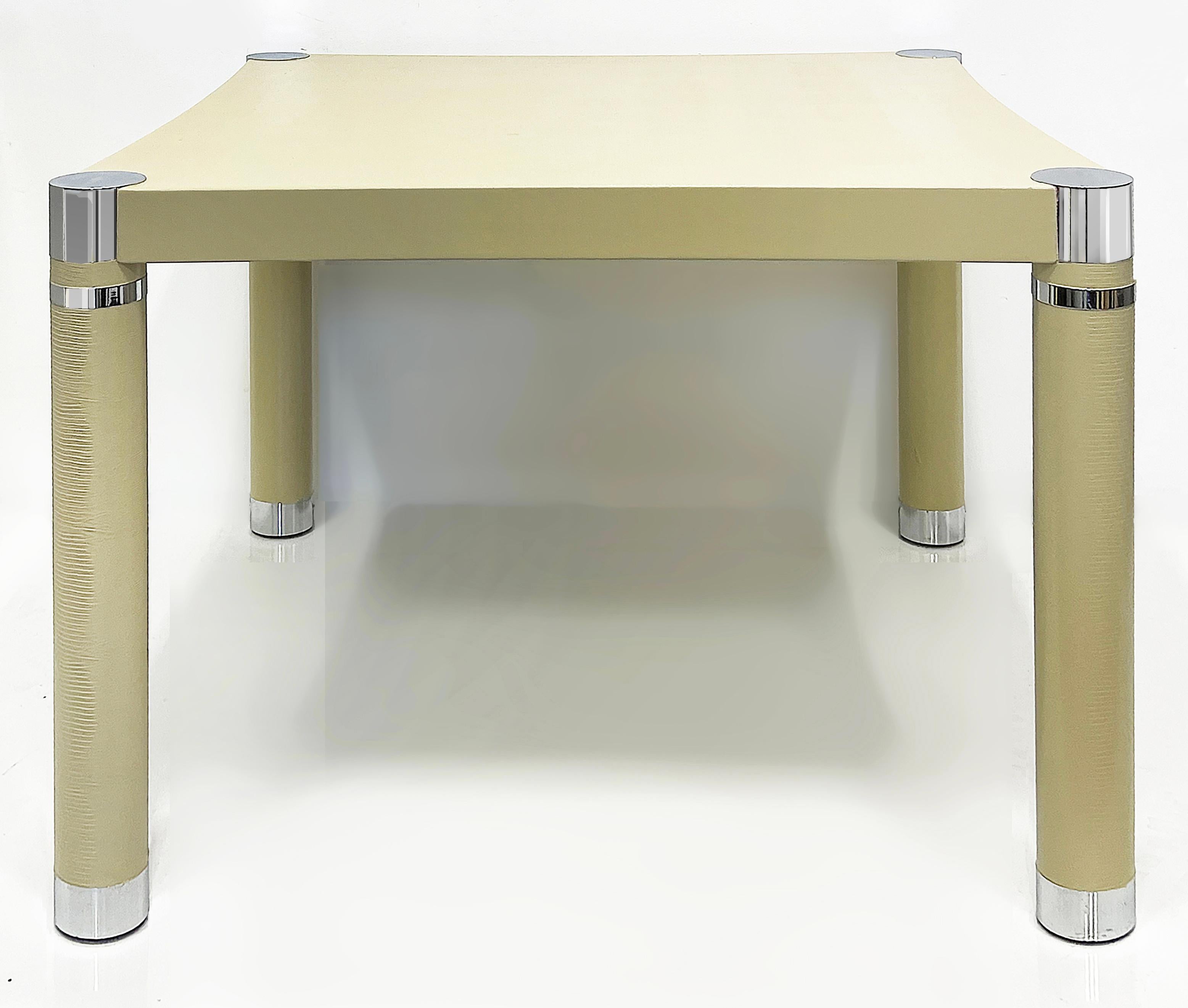 1980s Embossed Leather, Chrome Game Table, Karl Springer Style,  Newly Restored In Good Condition For Sale In Miami, FL
