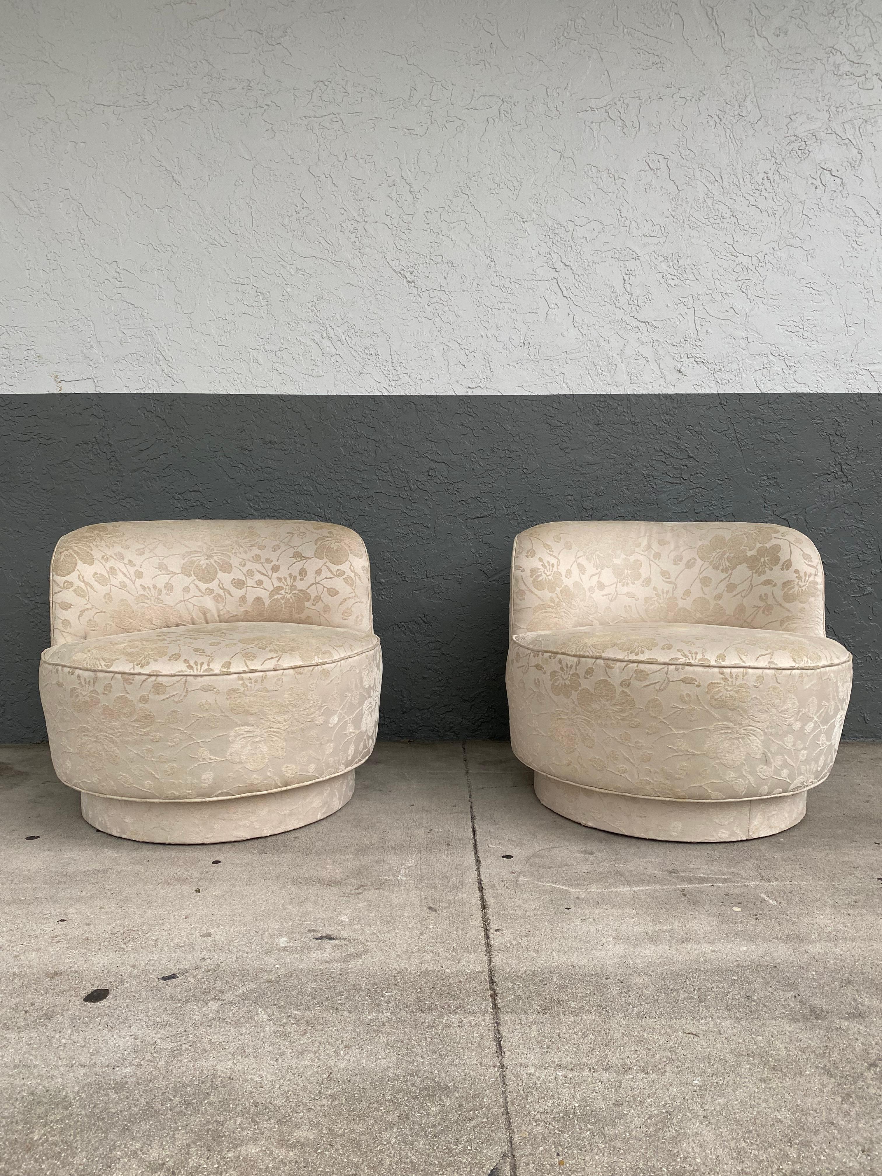 Post-Modern 1980s Preview Embroidered Floral Sculptural Curved Swivel Chairs, Set of 2 For Sale