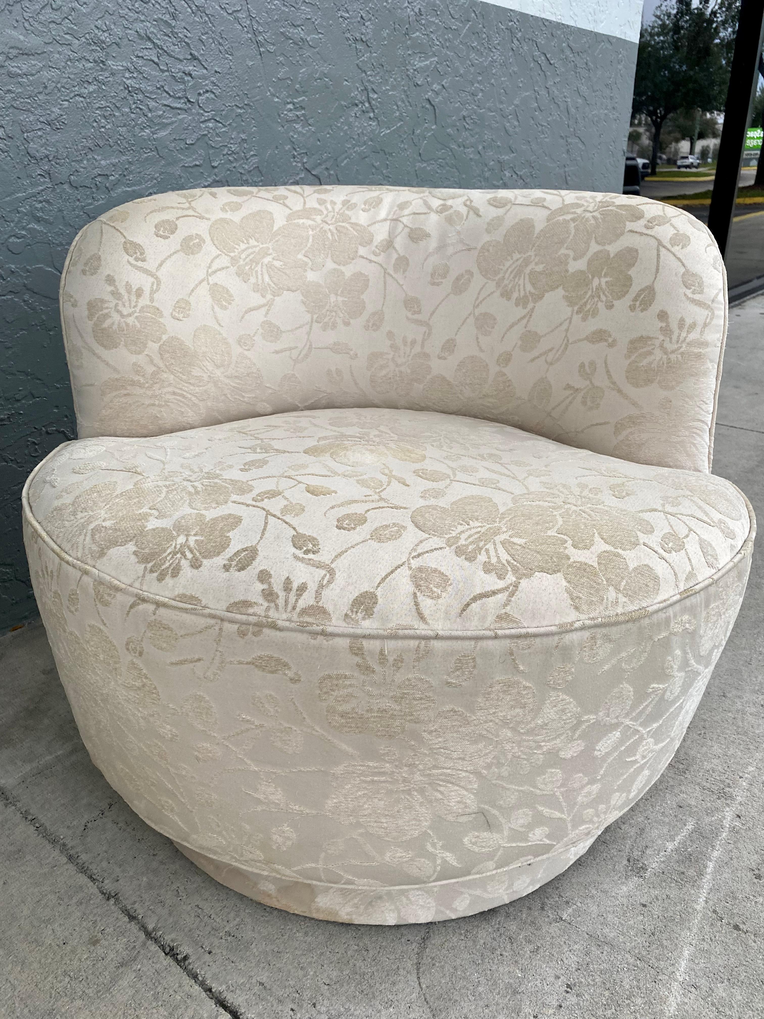Upholstery 1980s Preview Embroidered Floral Sculptural Curved Swivel Chairs, Set of 2 For Sale