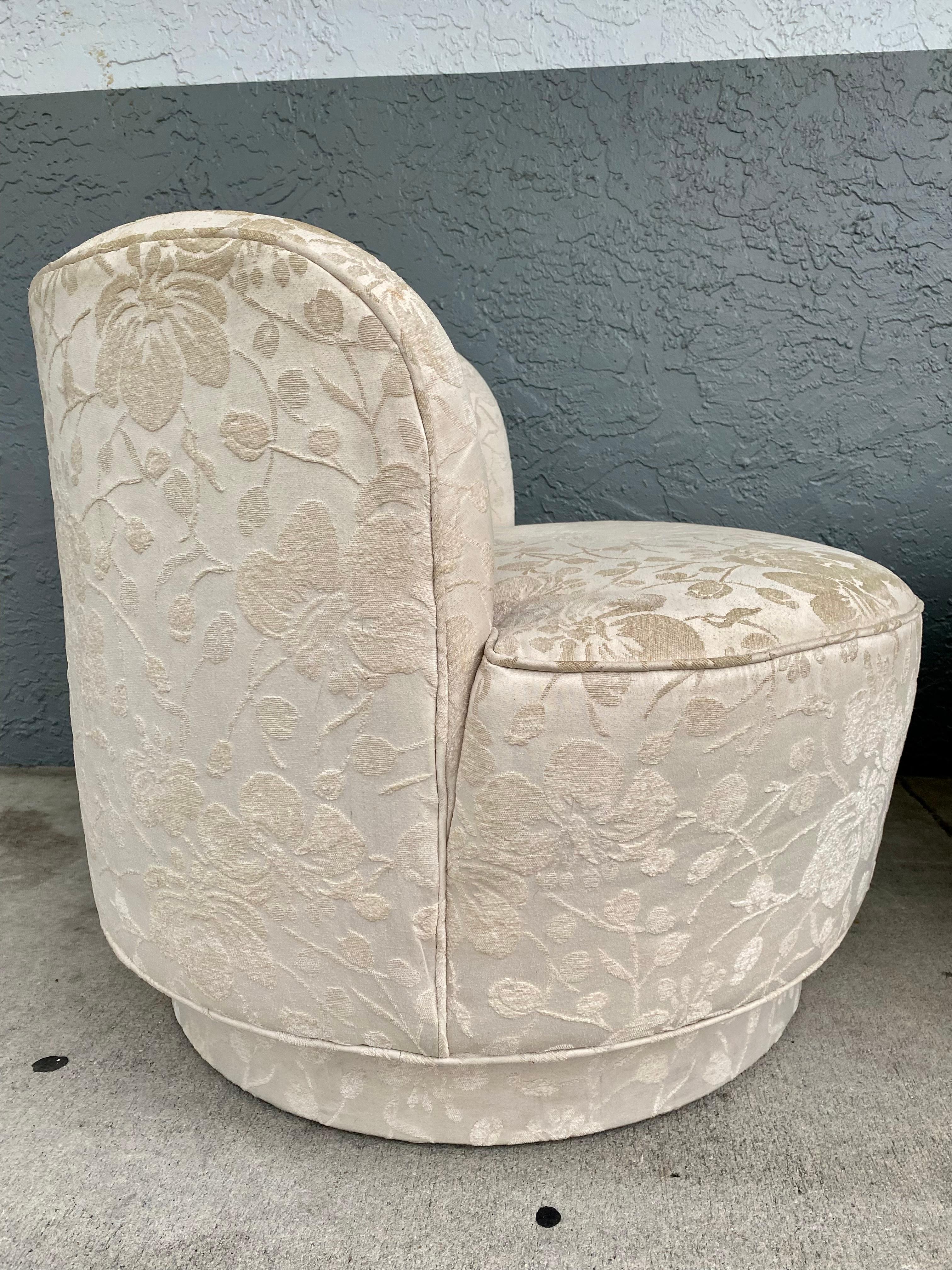 1980s Preview Embroidered Floral Sculptural Curved Swivel Chairs, Set of 2 For Sale 2