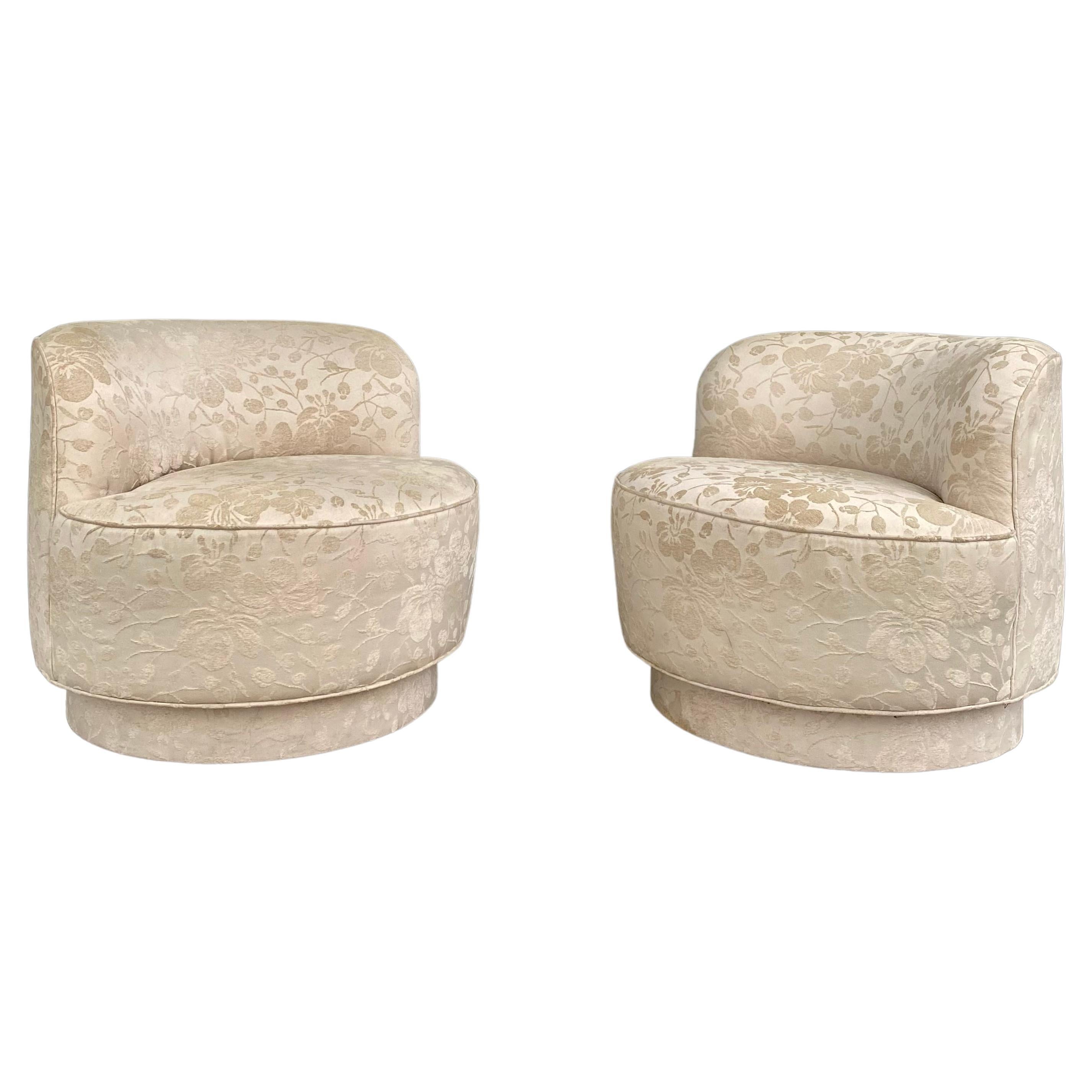 1980s Preview Embroidered Floral Sculptural Curved Swivel Chairs, Set of 2 For Sale