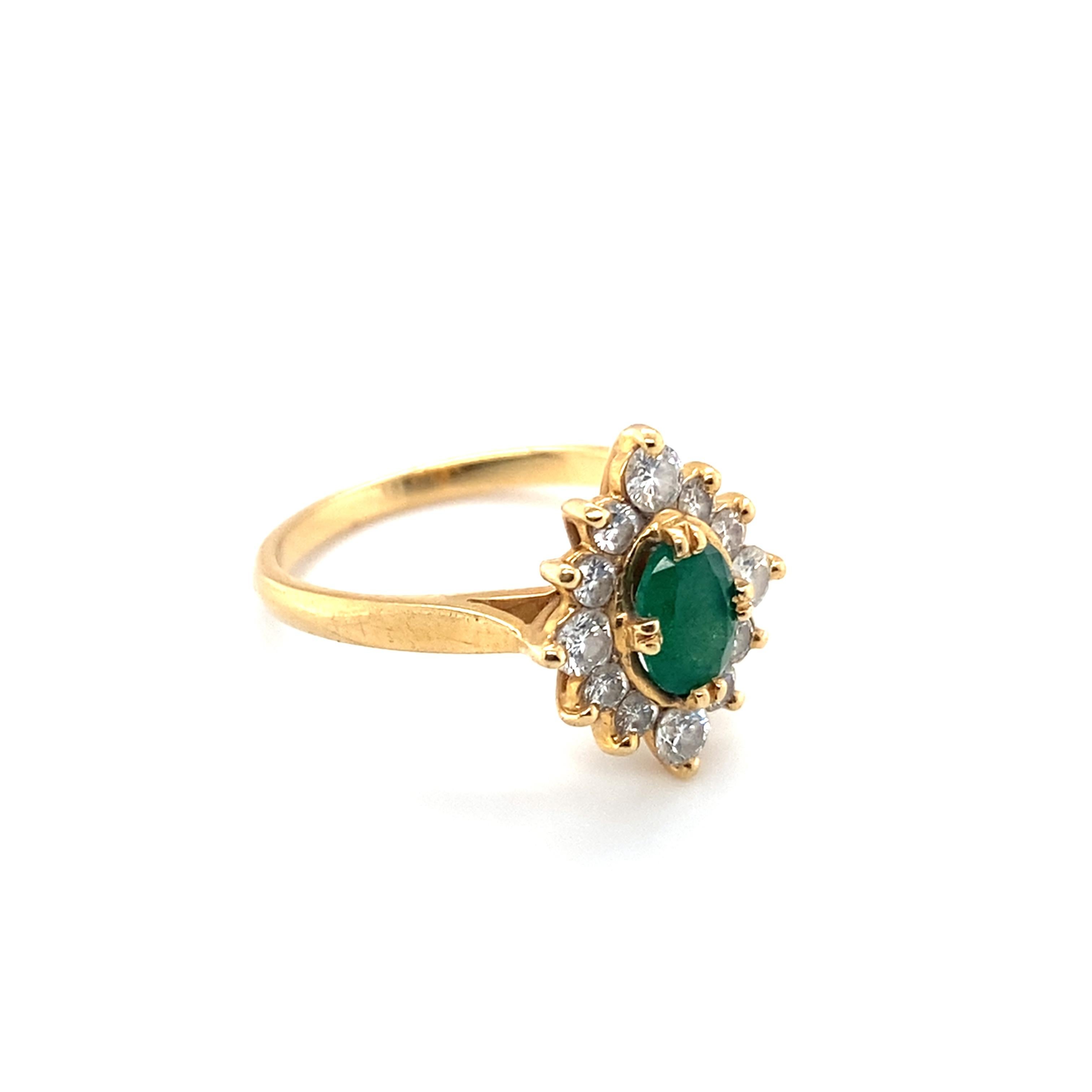 Retro 1980s Emerald and Diamond Cocktail Ring in 18 Karat Yellow Gold  For Sale