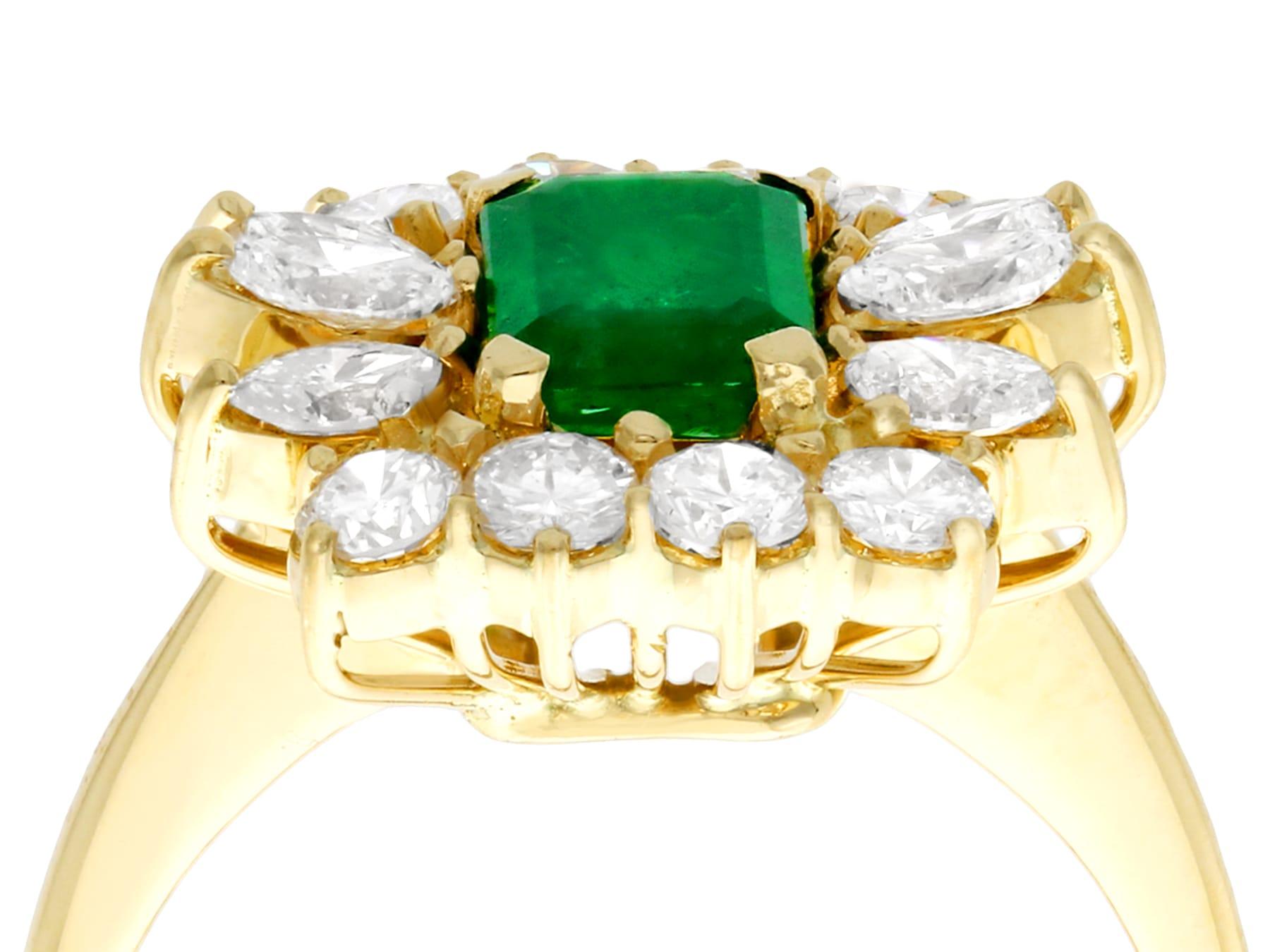 A stunning vintage 0.81 Ct emerald and 1.32 Ct diamond, 18k yellow gold cocktail ring; part of our diverse gemstone estate jewelry collections.

This stunning, fine and impressive emerald cut emerald and diamond ring has been crafted in 18k yellow