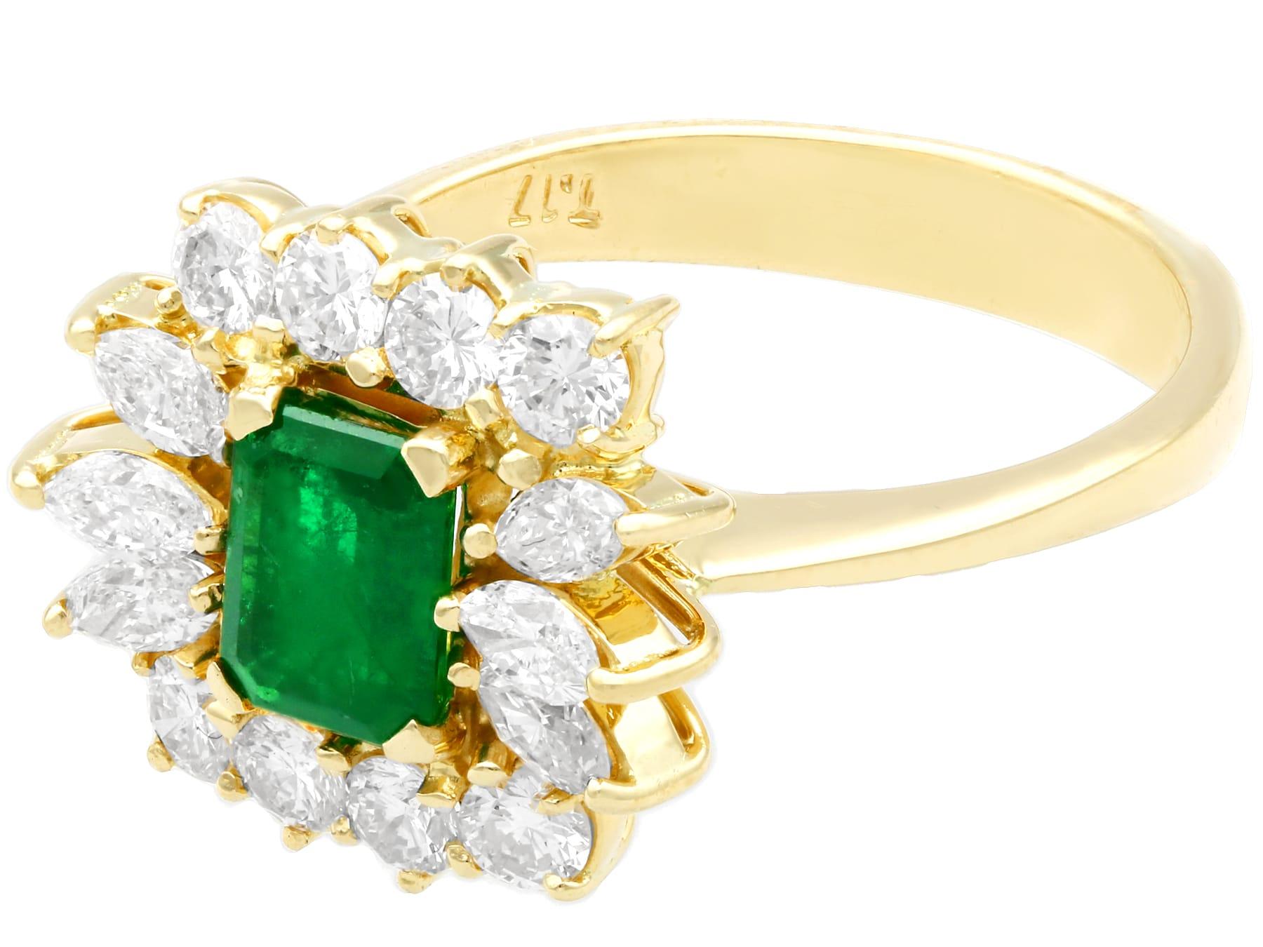 Women's 1980s Emerald Cut Emerald 1.32 Carat Diamond Yellow Gold Cocktail Ring For Sale