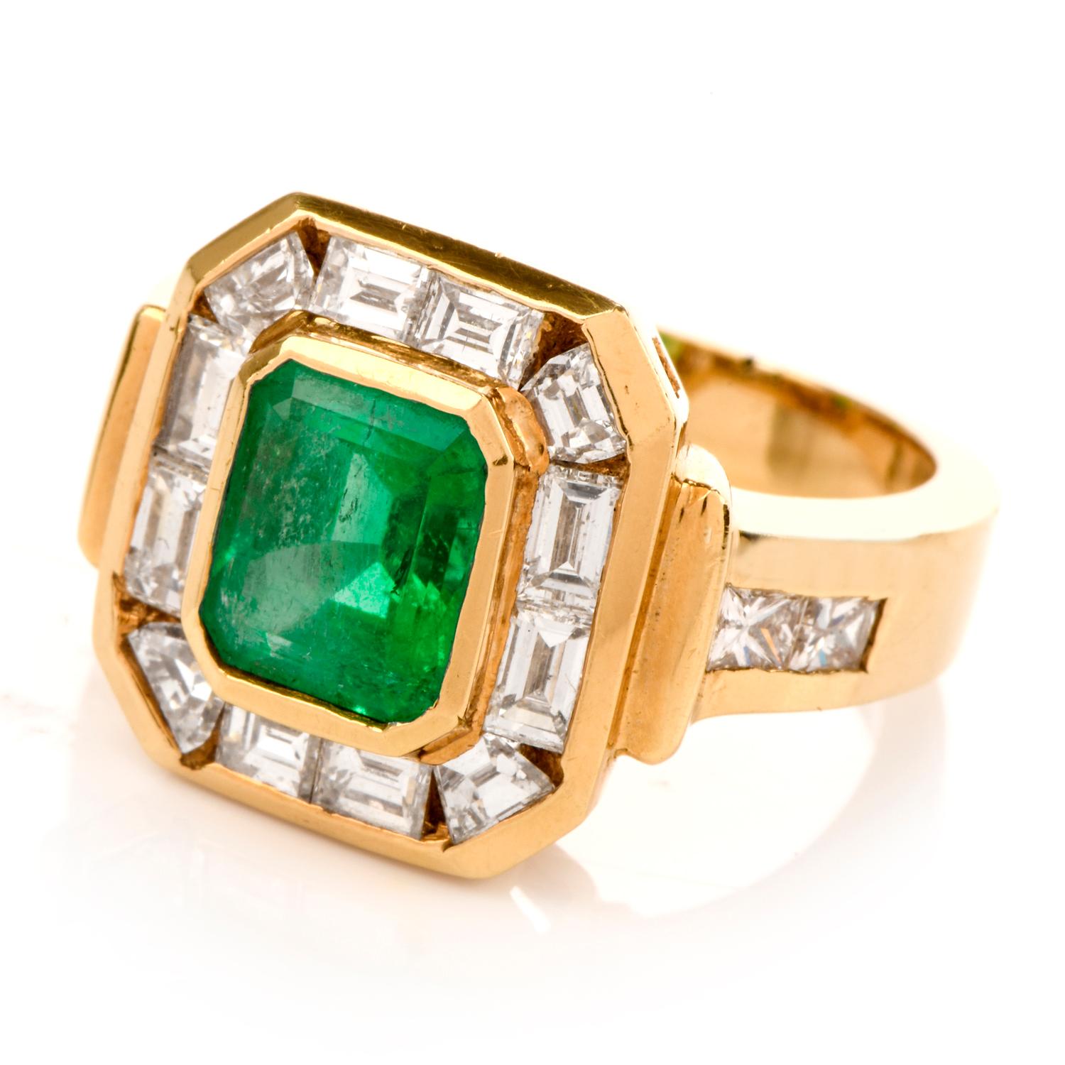 1980s Emerald Diamond 18 Karat Yellow Gold Cocktail Band Ring In Excellent Condition In Miami, FL