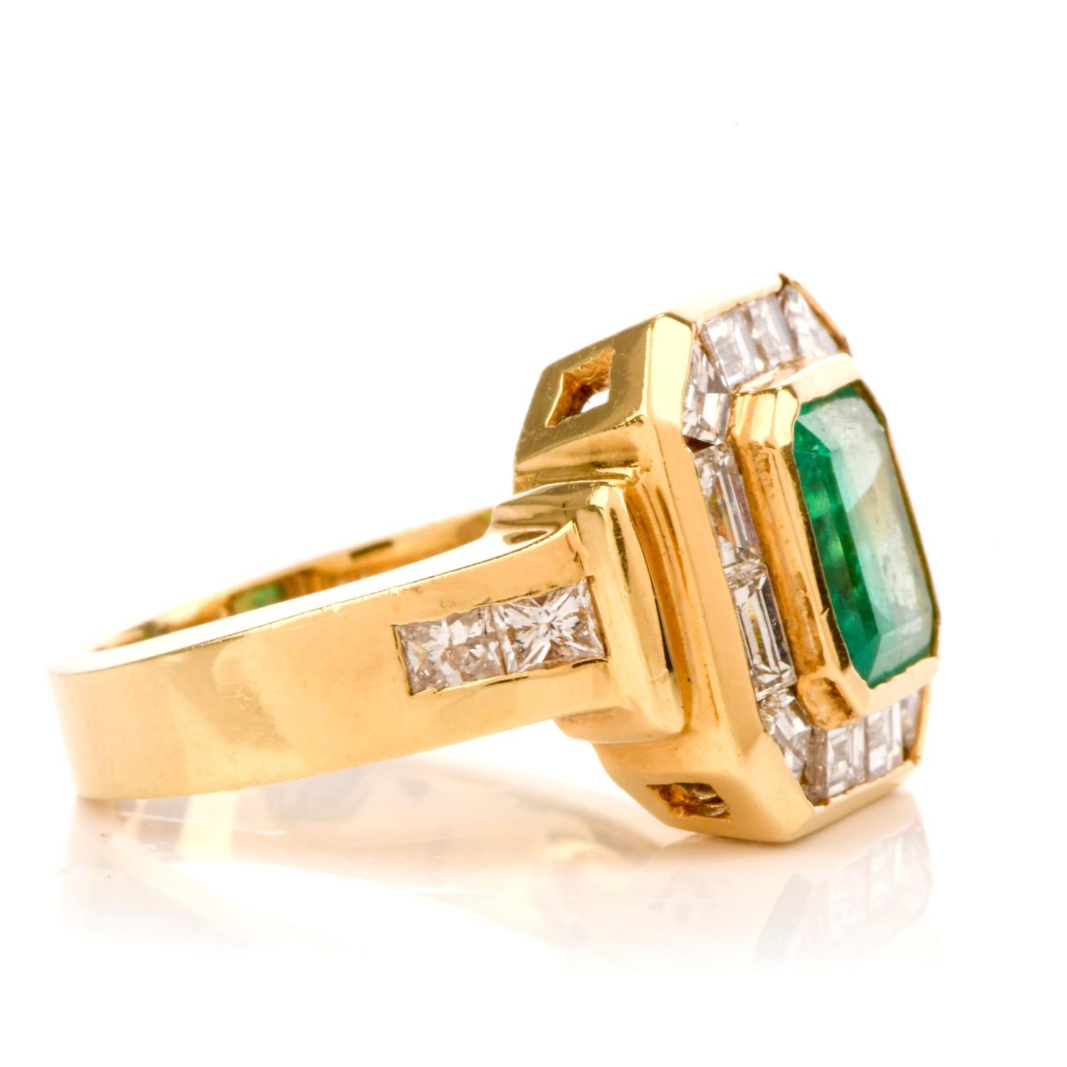 Women's 1980s Emerald Diamond 18 Karat Yellow Gold Cocktail Band Ring