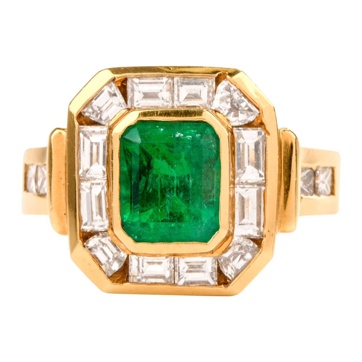 1980s Emerald Diamond 18 Karat Yellow Gold Cocktail Band Ring