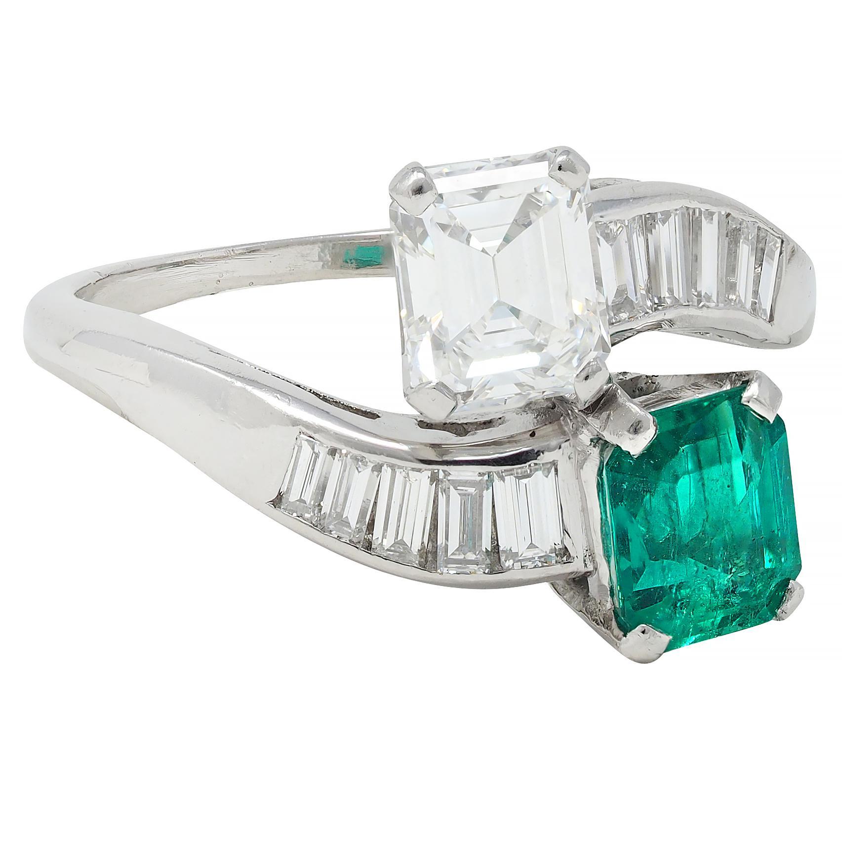 Emerald Cut 1980's Emerald Diamond Platinum Vintage Toi-Et-Moi Bypass Engagement Ring For Sale