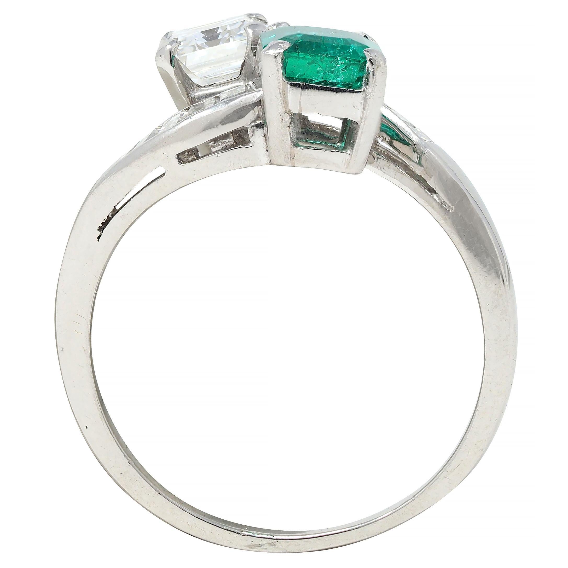 1980's Emerald Diamond Platinum Vintage Toi-Et-Moi Bypass Engagement Ring For Sale 4