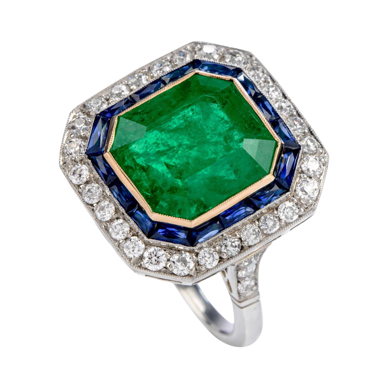 1980s Emerald Diamond Sapphire Platinum 18 Karat Gold Cocktail Ring