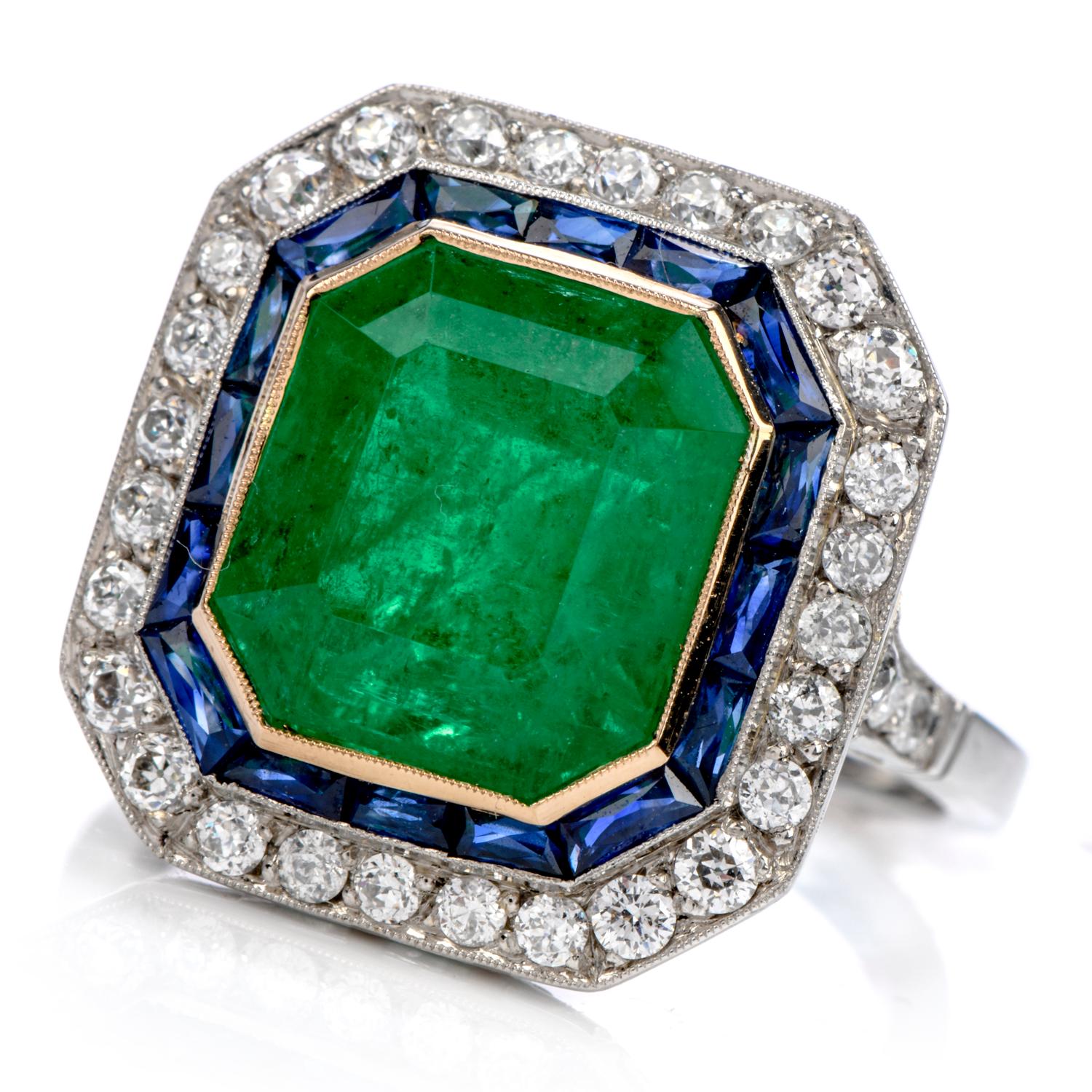 This wellmade Estate Green genuine Emerald Cocktail Ring is inspired in the Art Deco Era,

It is crafted in Solid Platinum

Featured in the center is an approximatetly 7.38 carats Emerald Cut  genuine Emerald, set in 18k yellow gold