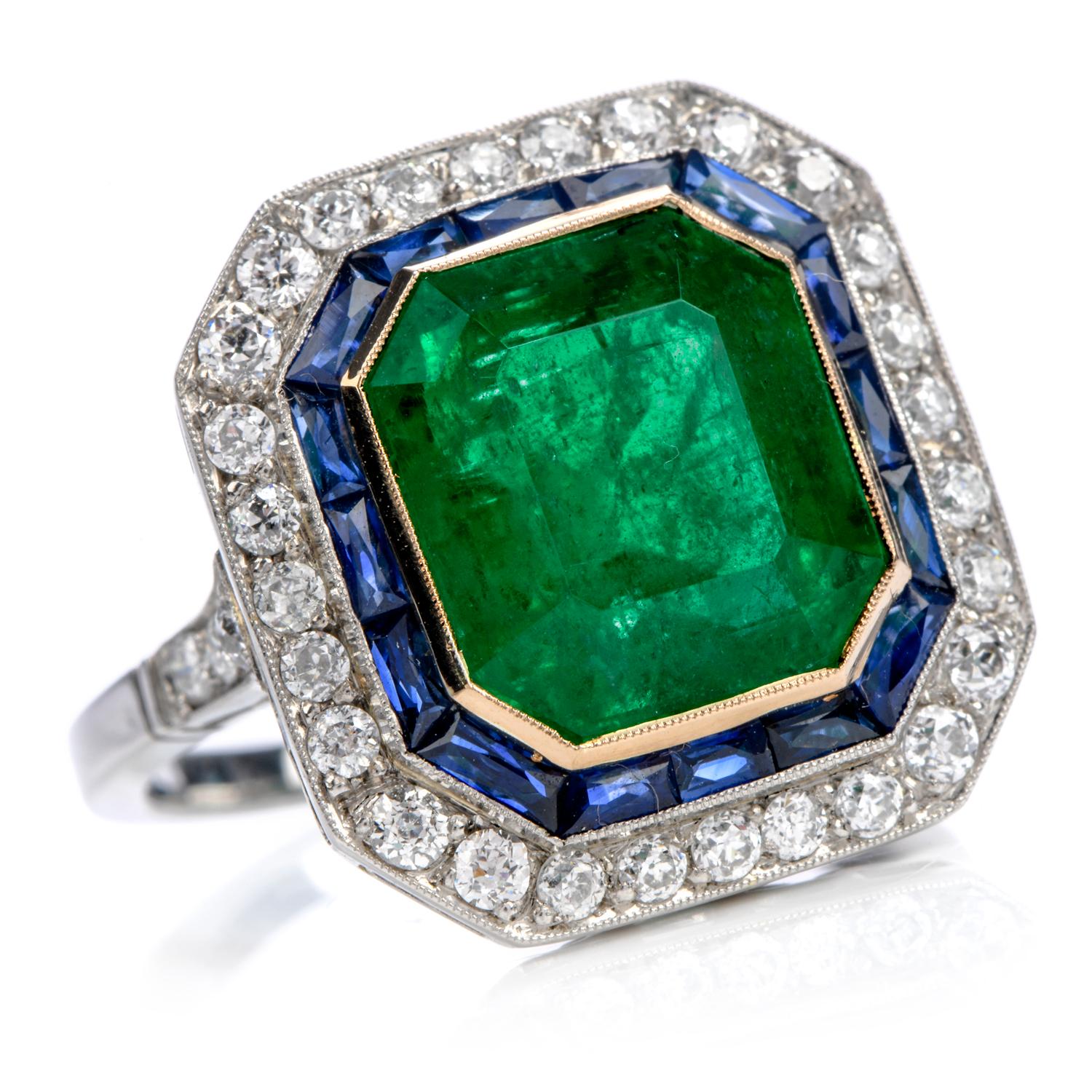 Art Deco 1980s Emerald Diamond Sapphire Platinum 18 Karat Gold Cocktail Ring