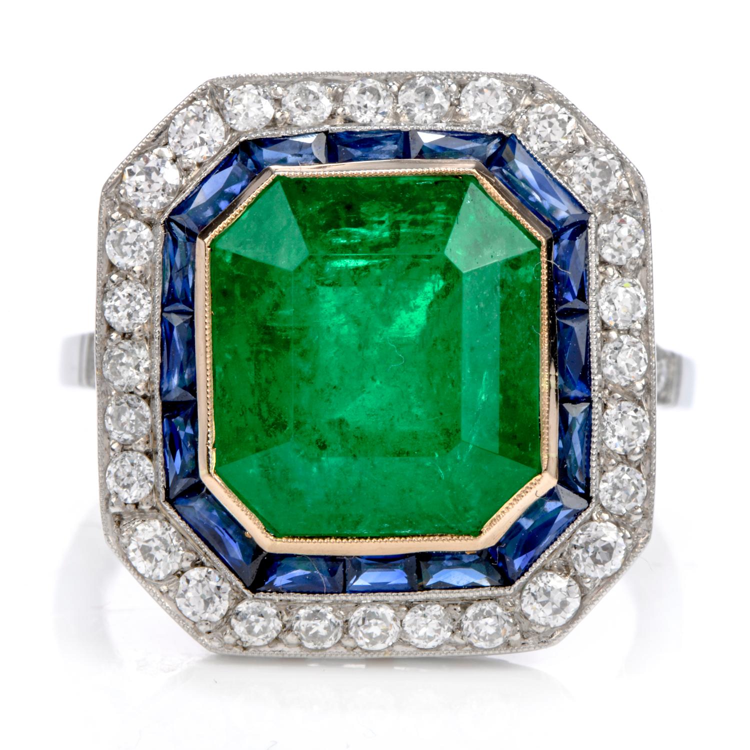 Emerald Cut 1980s Emerald Diamond Sapphire Platinum 18 Karat Gold Cocktail Ring